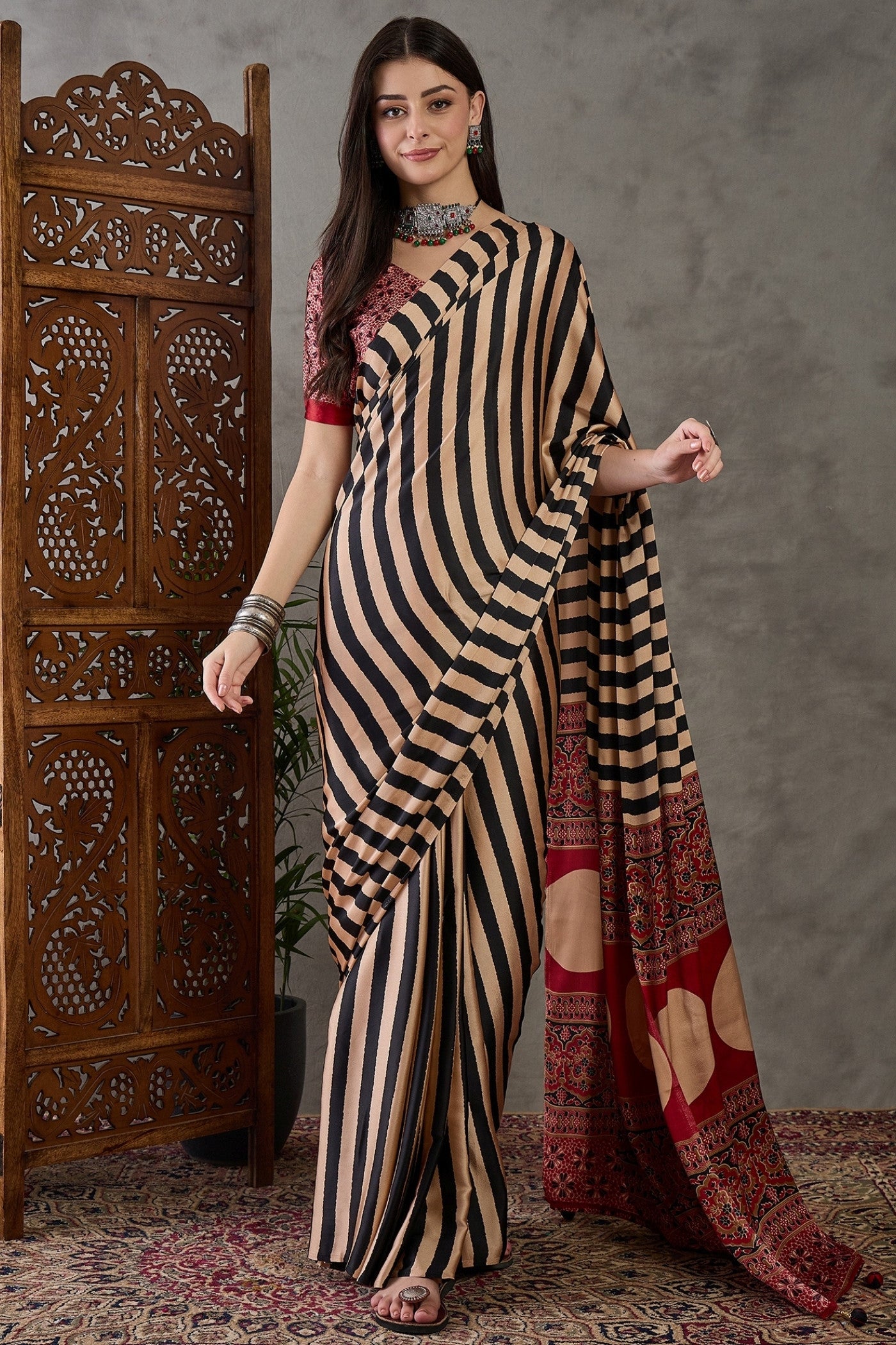 Buy MySilkLove Sonali Kulkarni Inspired: Buff Cream Stripe Ajrakh Printed Satin Gaji Silk Saree Online