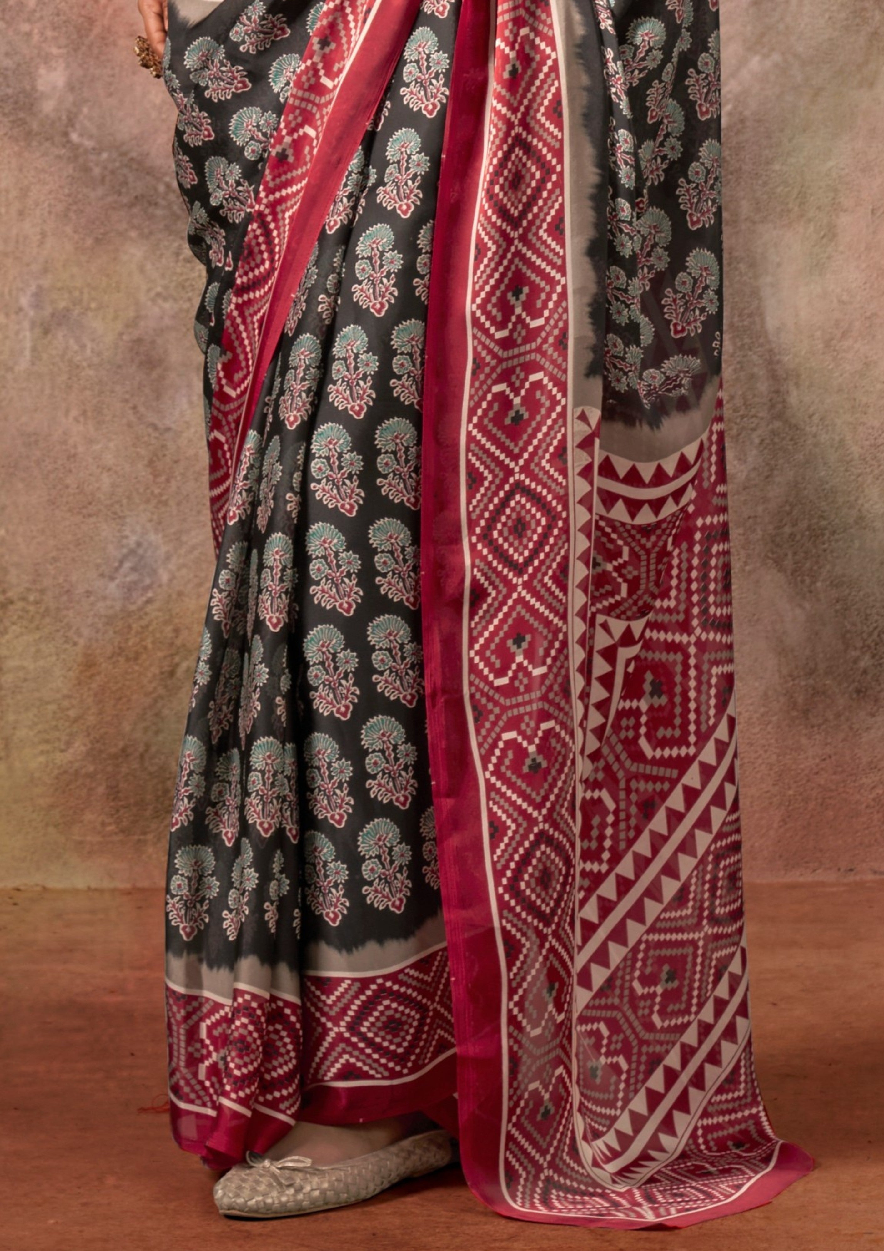 Buy MySilkLove Aged Black and Maroon Ajrakh Printed Satin Georgette Silk Saree Online