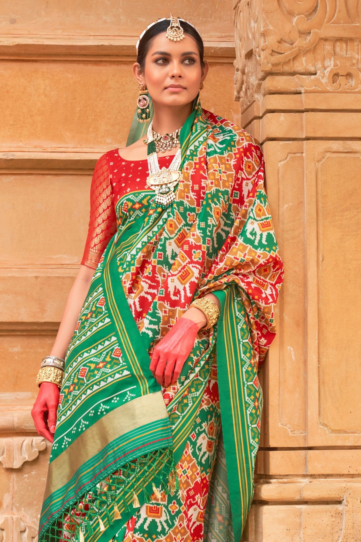 Buy MySilkLove Hippie Green Printed Patola Saree Online