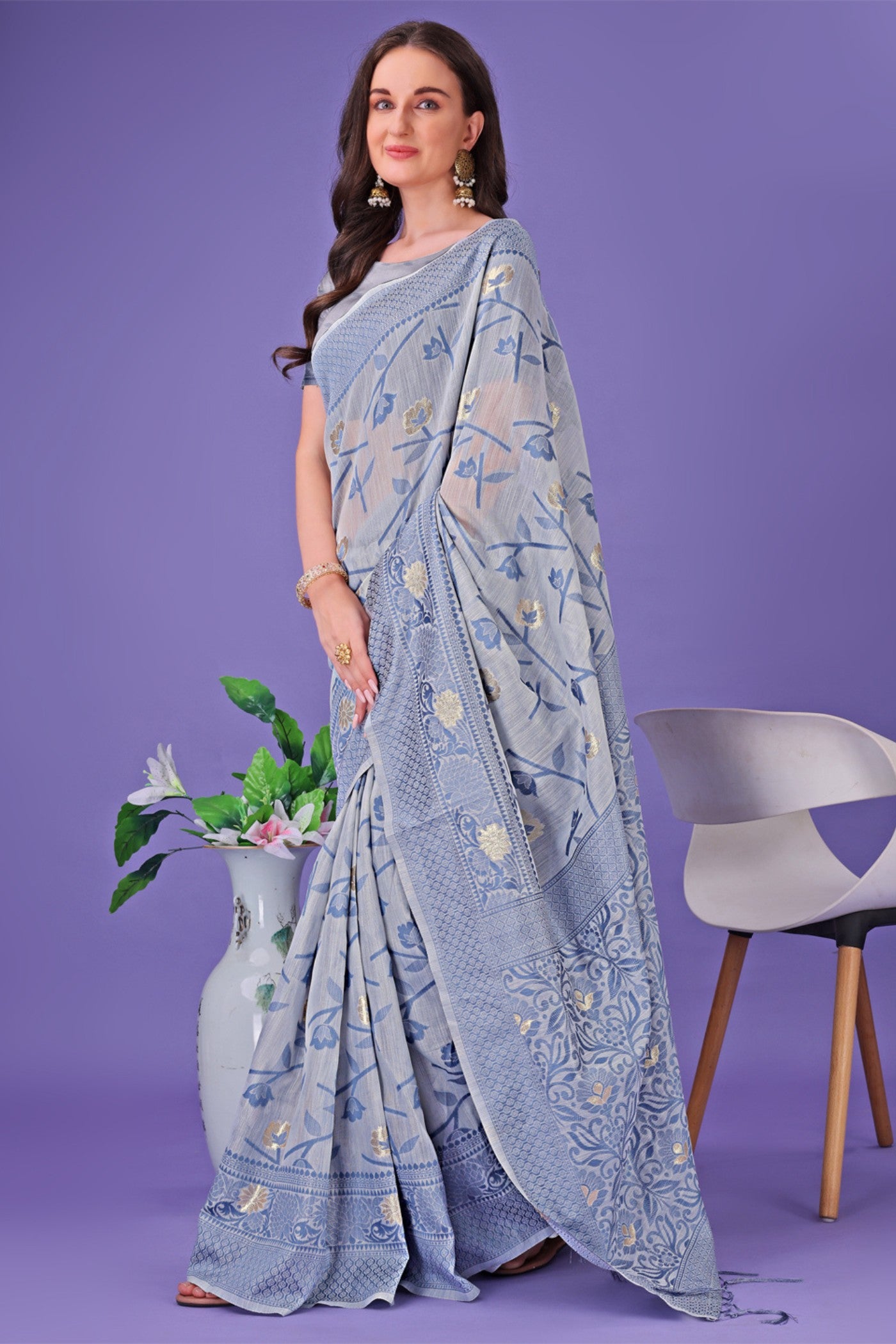Buy MySilkLove Space Blue Linen Cotton Saree Online