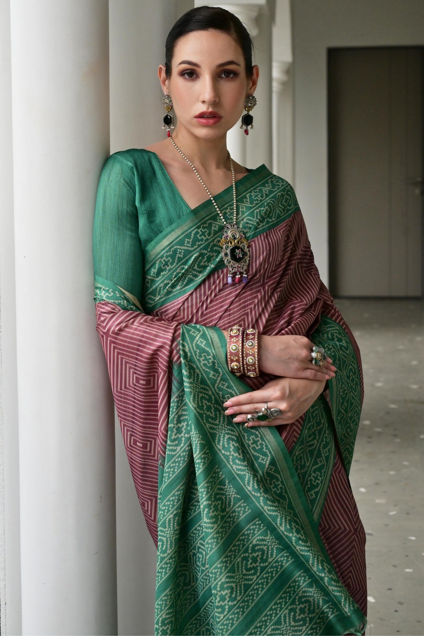 MySilkLove Eggplant Purple and Green Printed Tussar Silk Saree