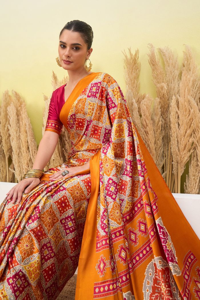 Buy MySilkLove Burnt Yellow Patola Printed Satin Crepe Silk Saree Online