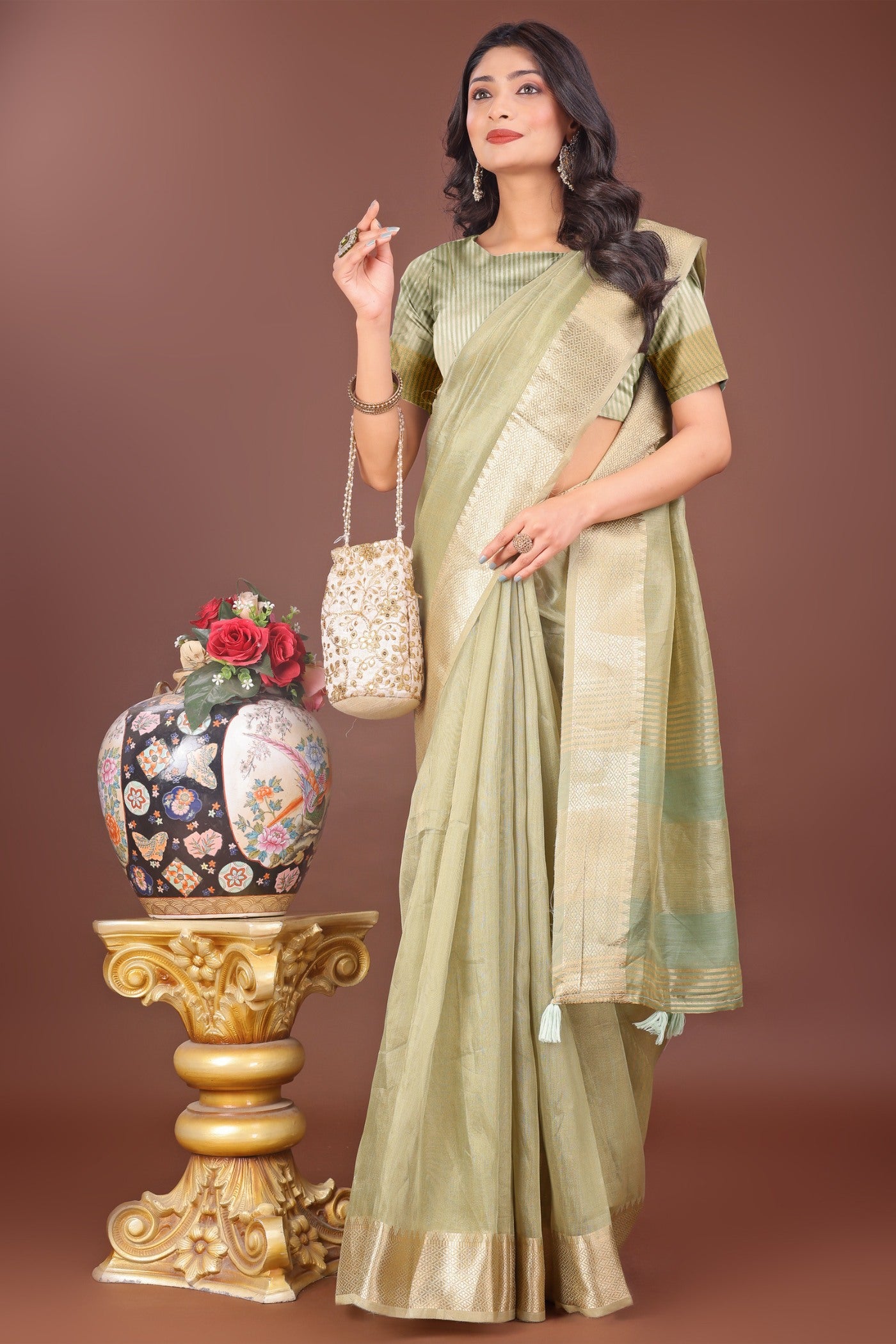 Buy MySilkLove Lawn Green Woven Organza Saree Online