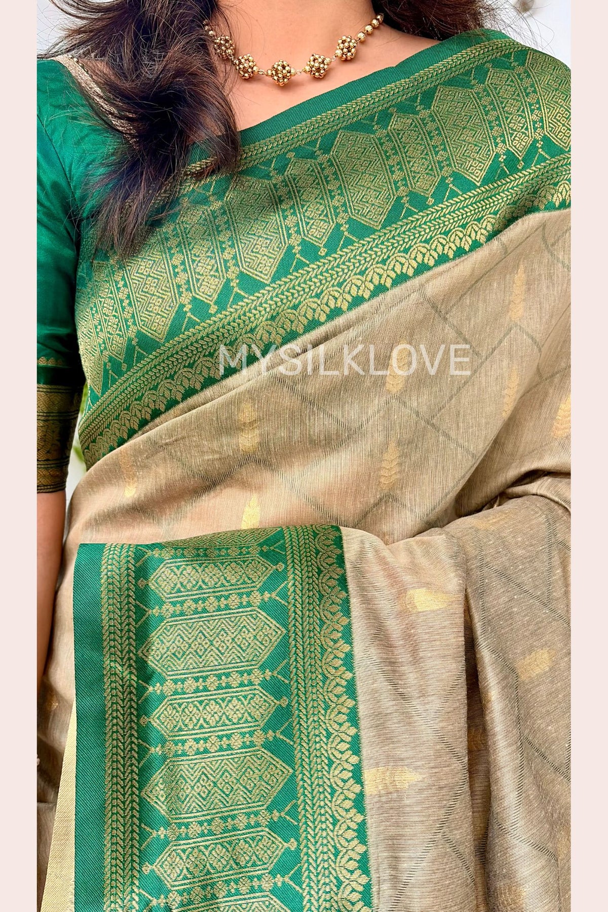 Buy MySilkLove Dust Cream and Green Woven Banarasi Cotton Saree Online