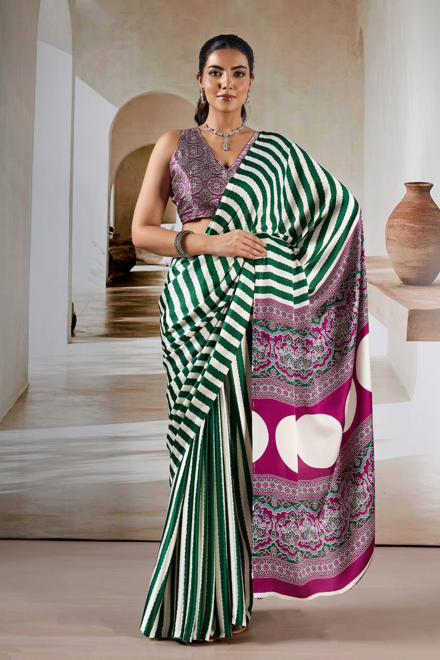 Buy MySilkLove Meadow Green Stripe Ajrakh Printed Satin Crepe Silk Saree Online