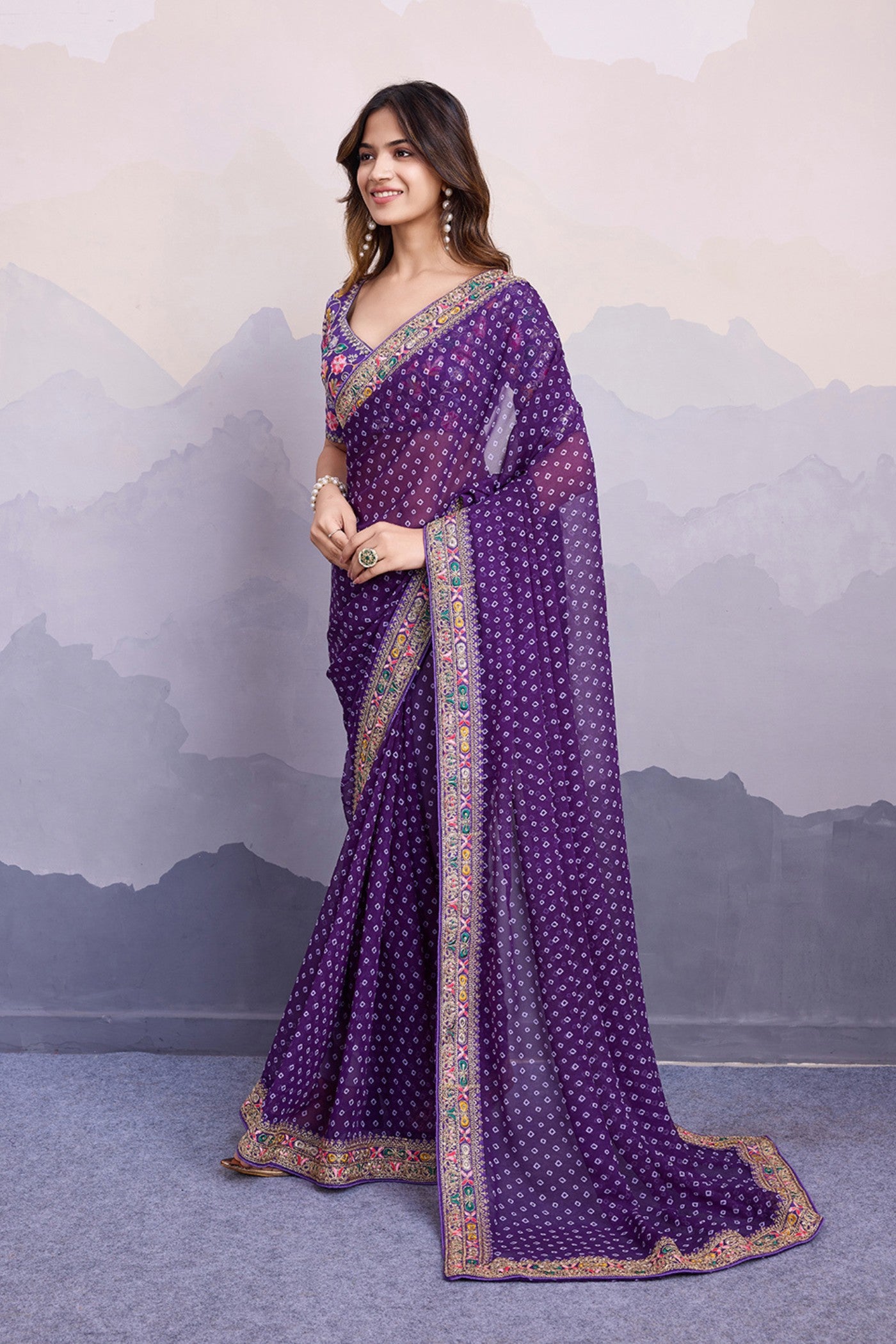 Buy MySilkLove Boston Purple Bandhani Georgette Printed Partywear Saree Online