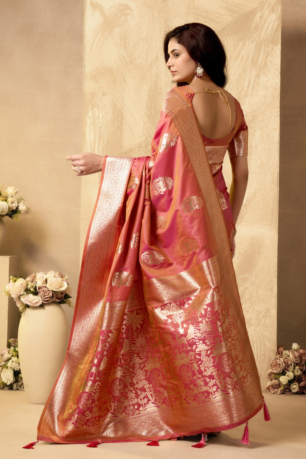 Buy MySilkLove Papaya Peach Woven Banarasi Soft Silk Saree Online