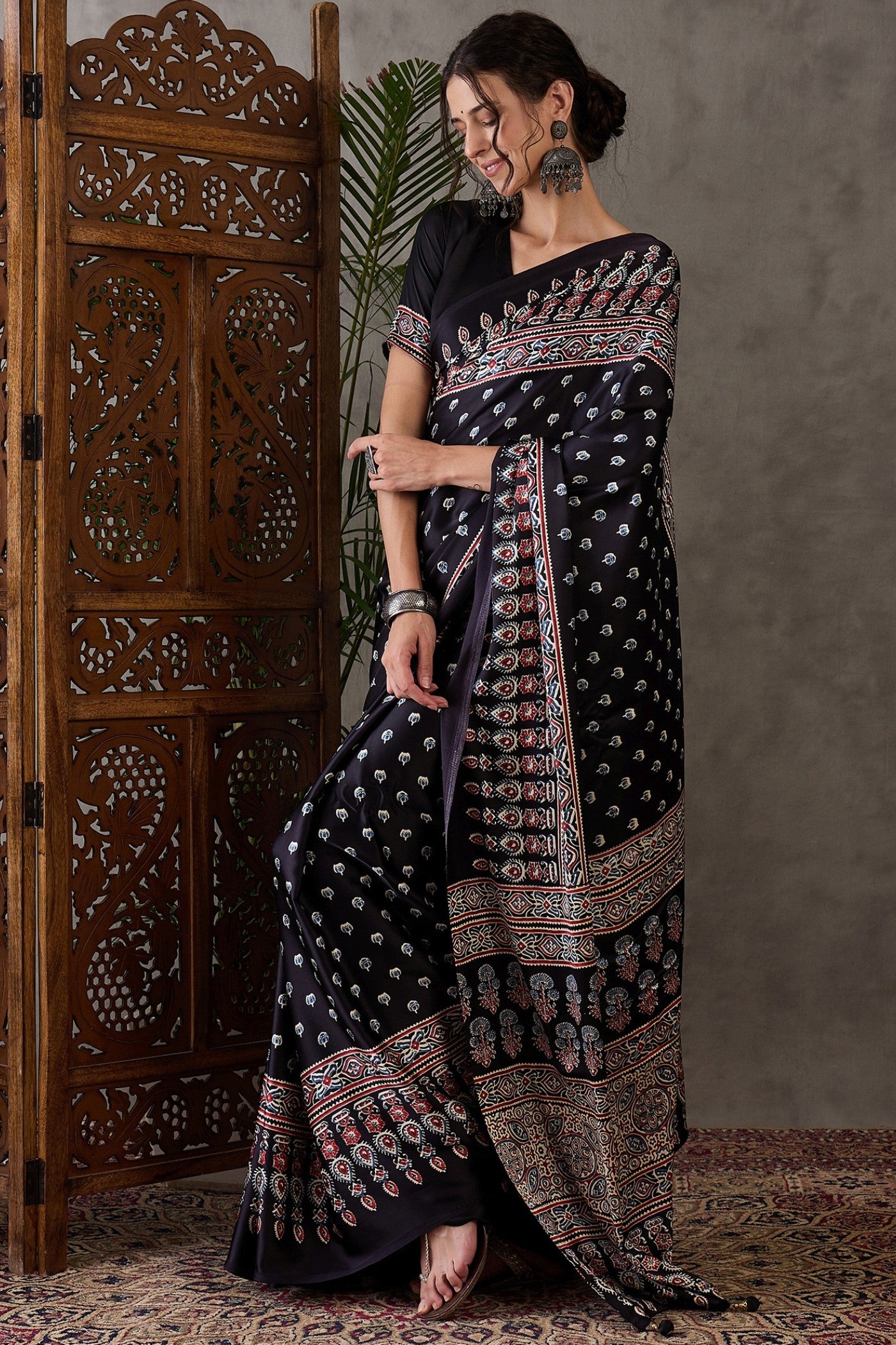 Buy MySilkLove Tuna Black Ajrakh Printed Satin Gaji Silk Saree Online