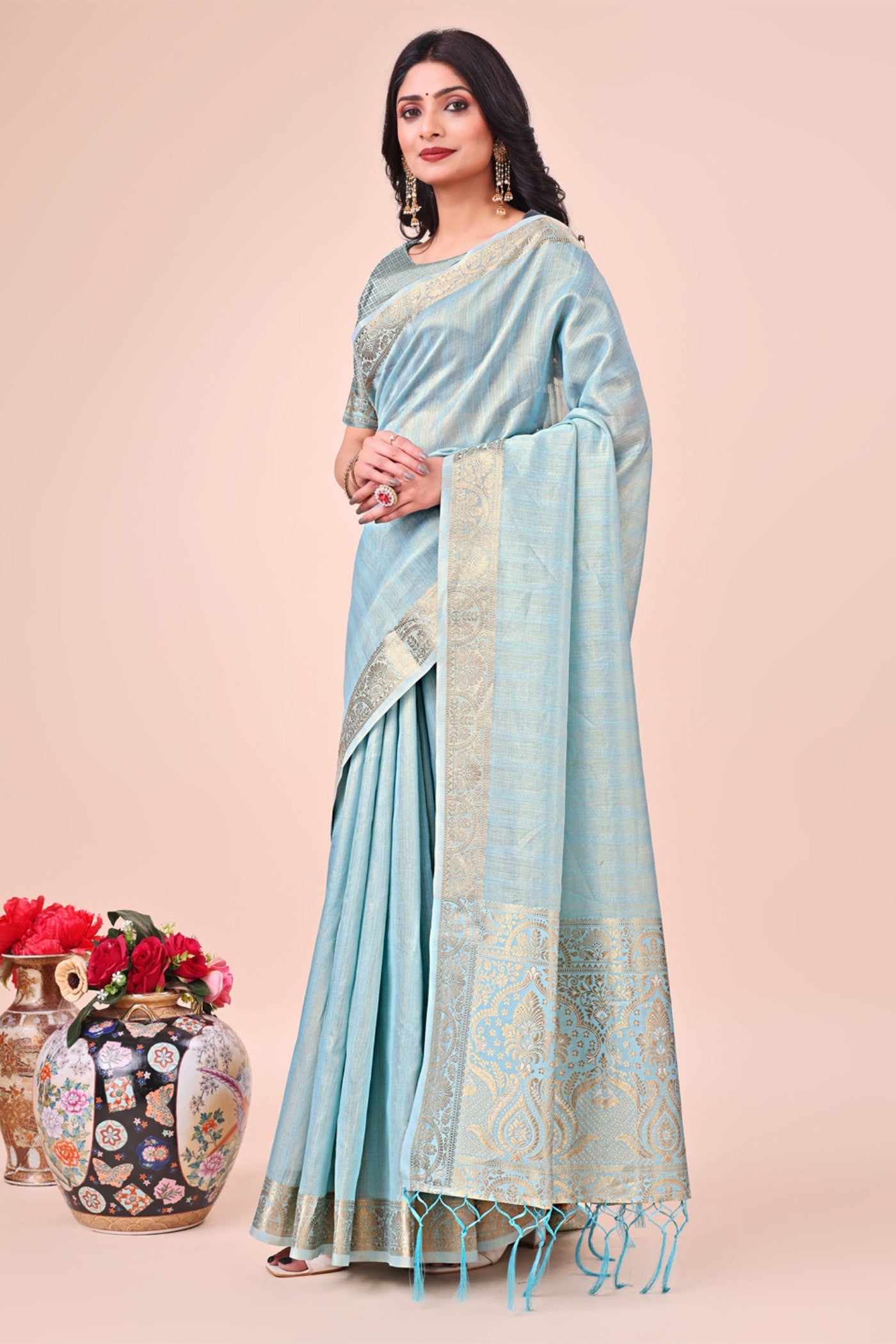 Buy MySilkLove Chrome Blue Woven Organza Saree Online