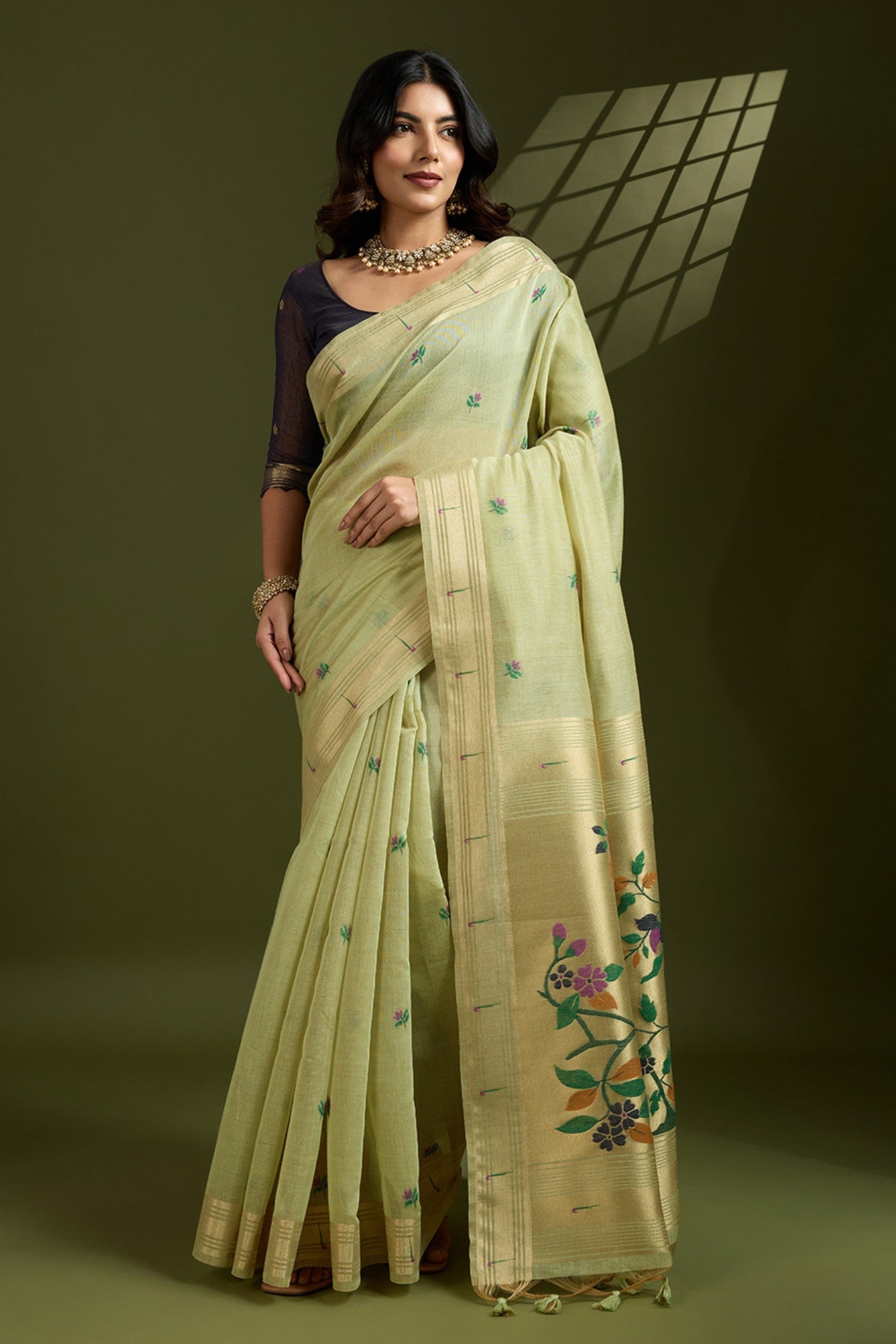 Buy MySilkLove Pear Green Woven Muga Cotton Paithani Saree Online