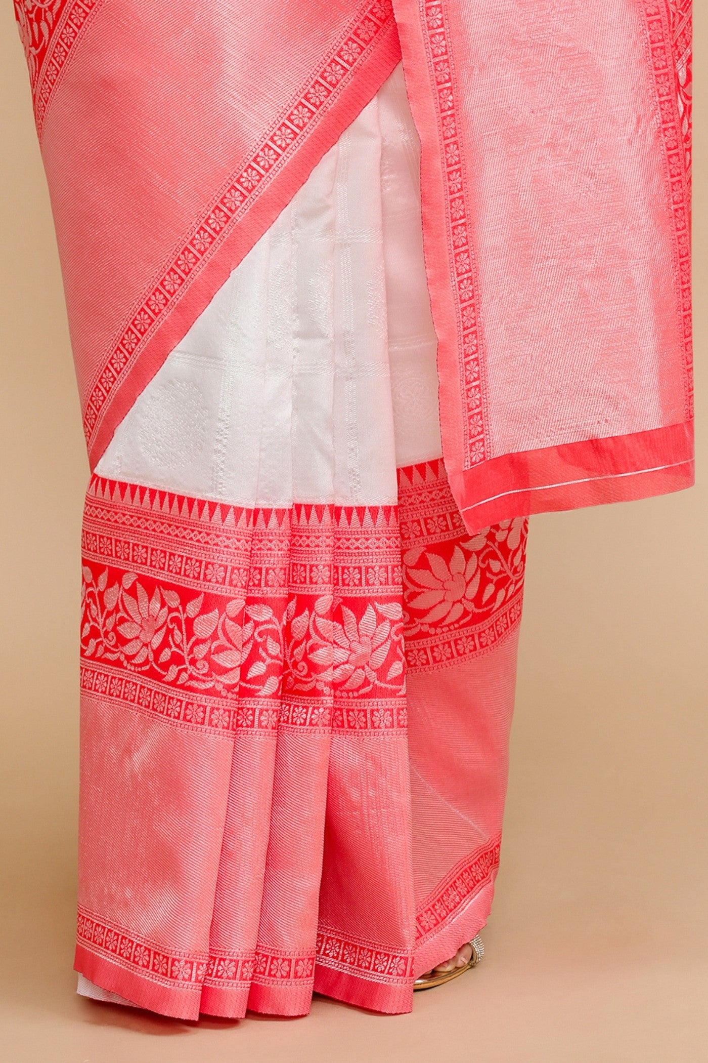 Buy MySilkLove Snow White and Pink Woven Jacquard Lichi Silk Saree Online