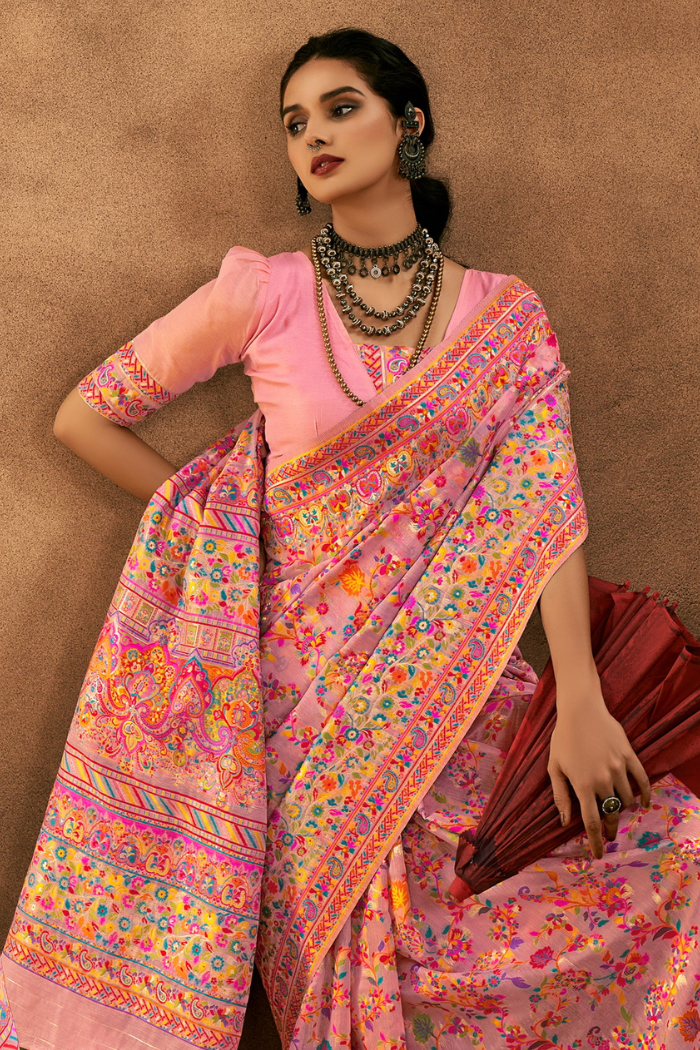 Buy MySilkLove Warm Pink Kashmiri Handloom Jamewar Saree Online