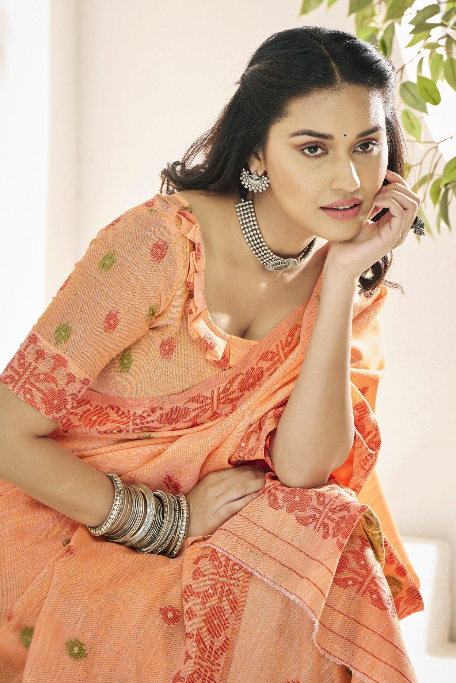 Buy MySilkLove Apricot Peach Woven Linen Saree Online