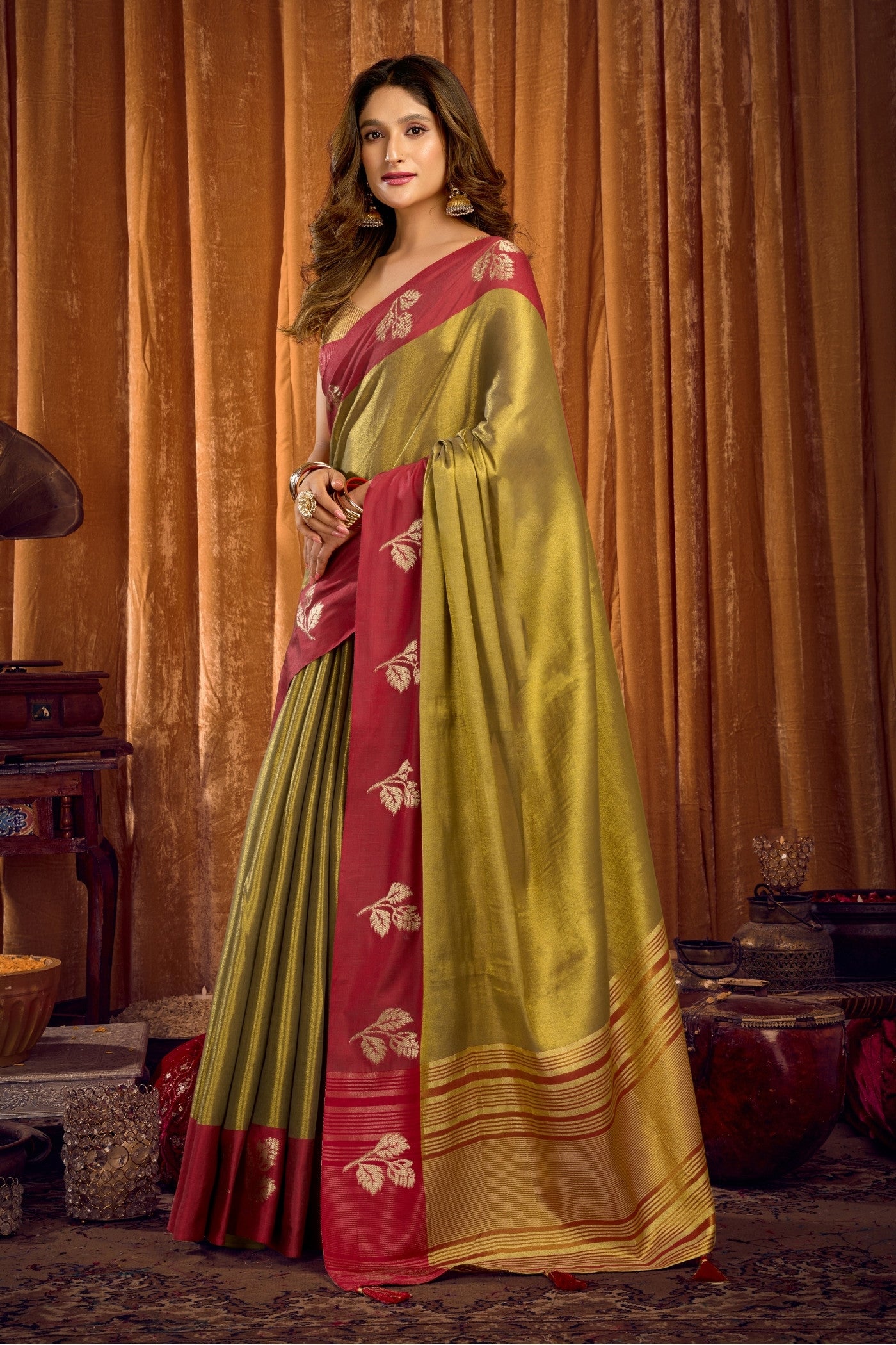 Buy MySilkLove Lime Green Woven Tissue Saree Online