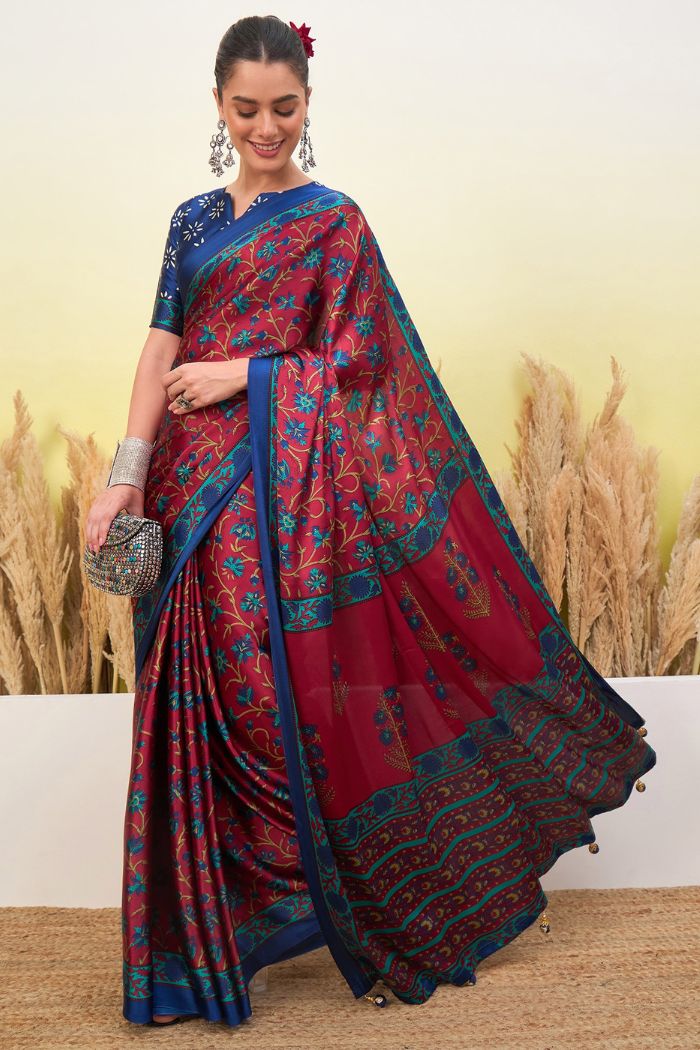 Buy MySilkLove Chili Red and Blue Modal Satin Printed Silk Saree Online