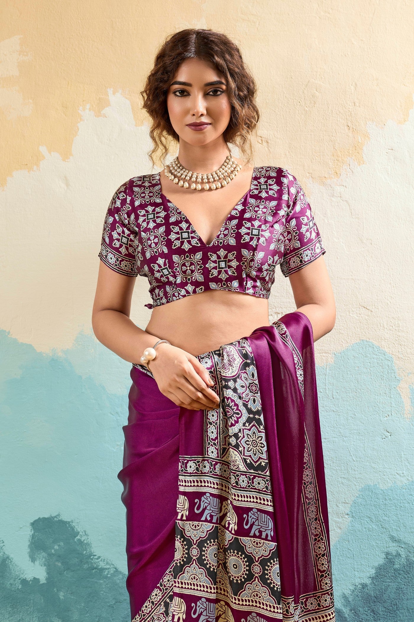 Buy MySilkLove Taco Purple Modal Ajrakh Satin Printed Silk Saree Online