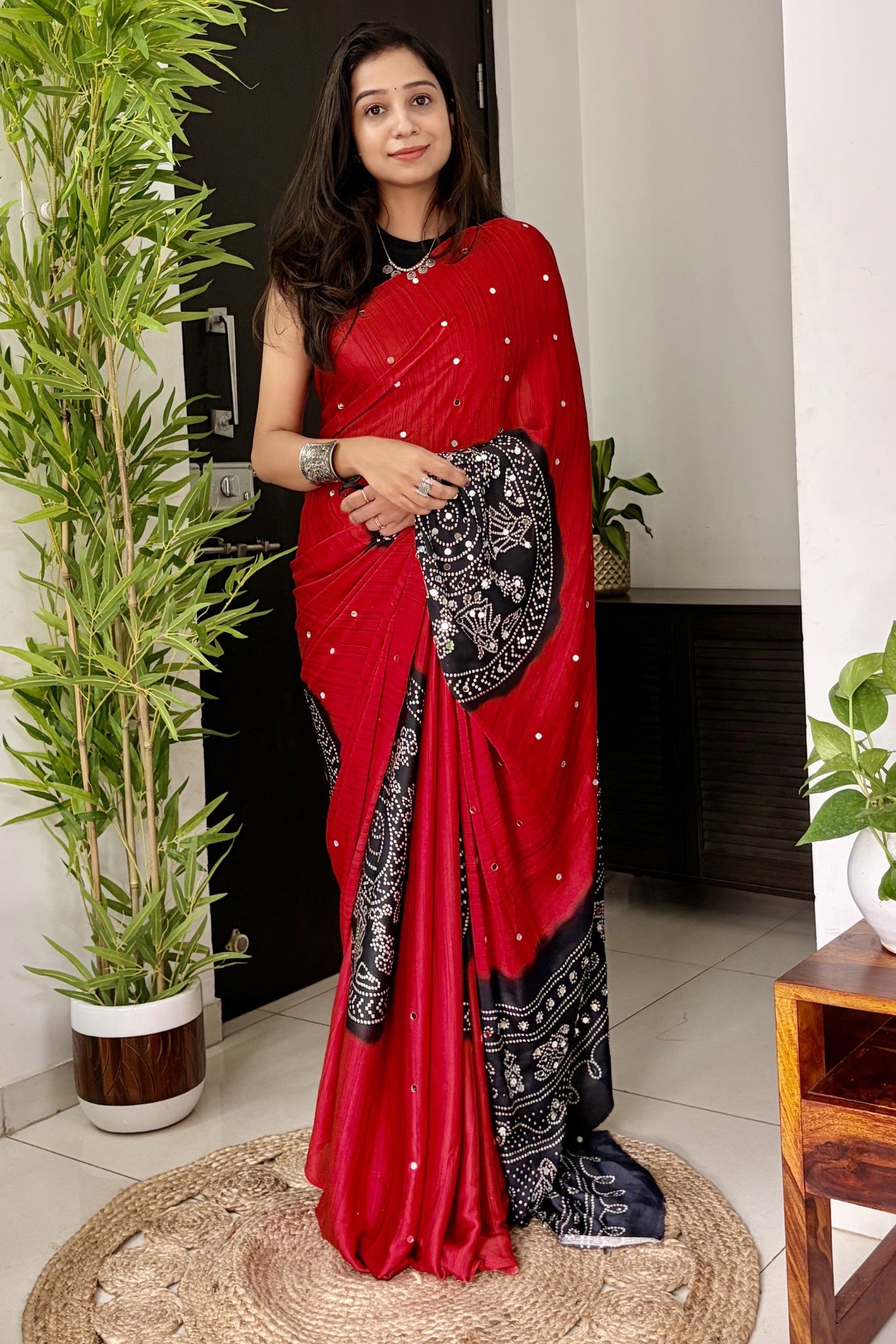 Buy MySilkLove Ruby Red and Black Gaji Bandej Satin Soft Silk Saree Online