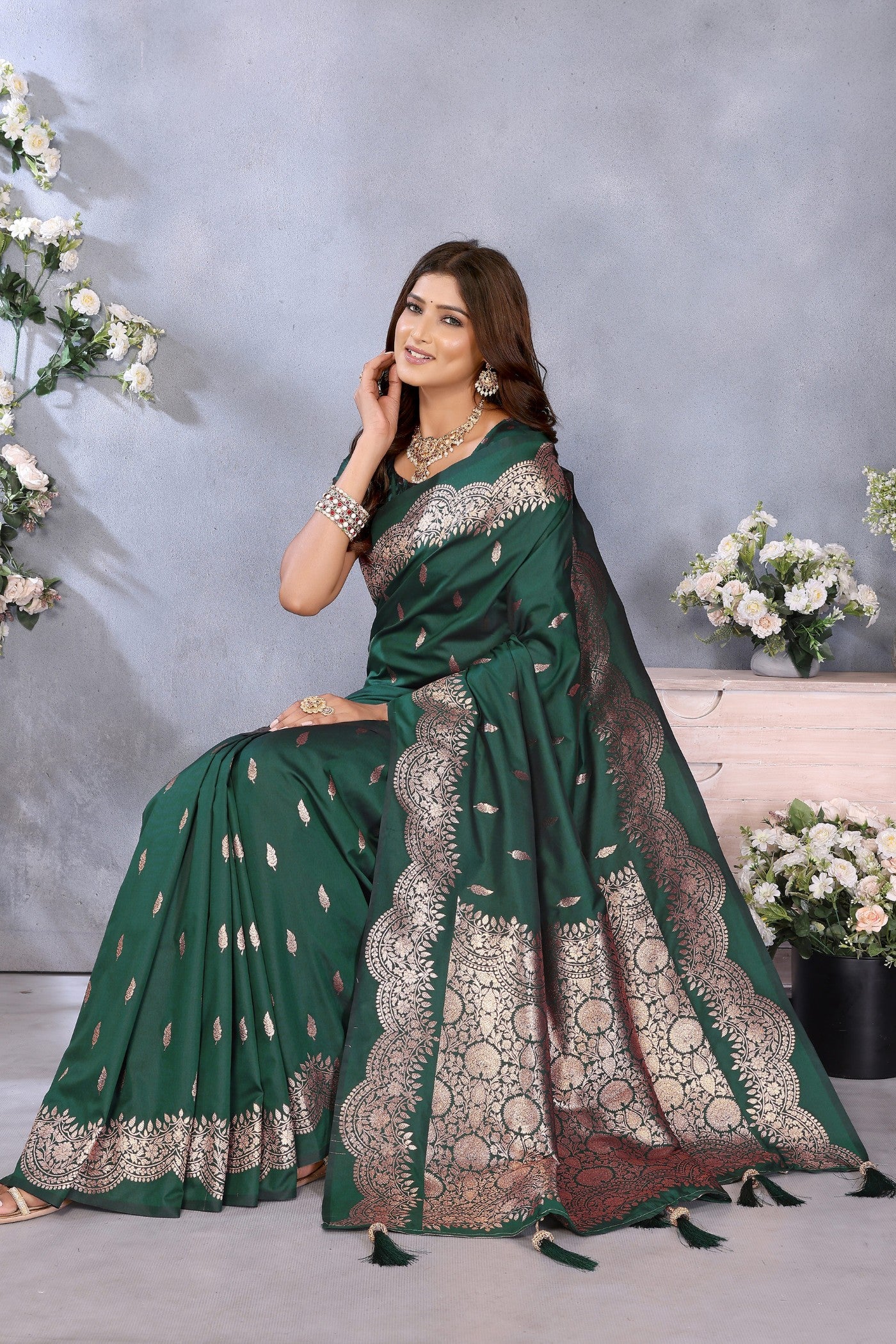 Buy MySilkLove Bottle Green Woven Banarasi Saree Online