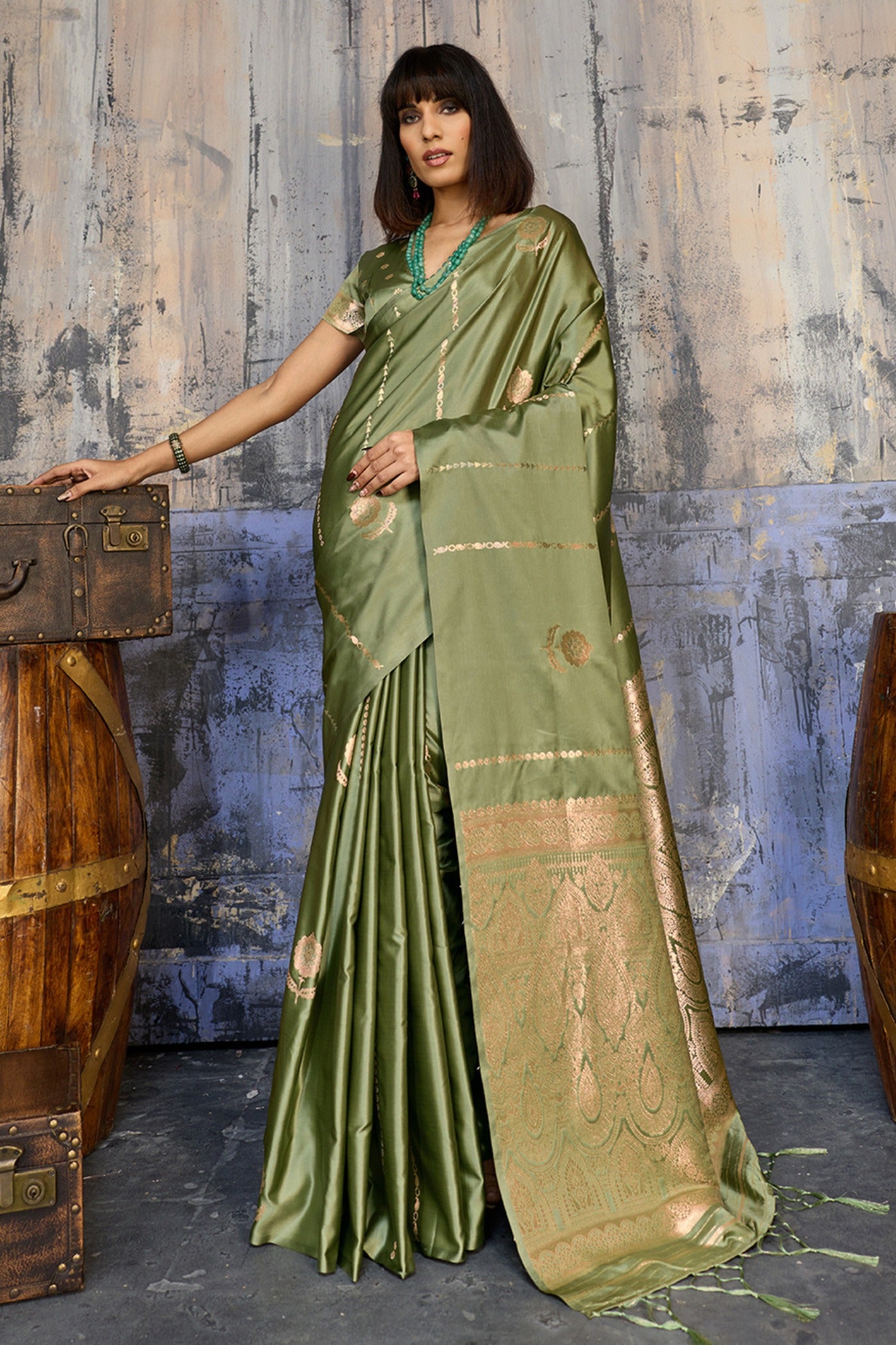 Buy MySilkLove Olive Green Handloom Satin Silk Saree Online