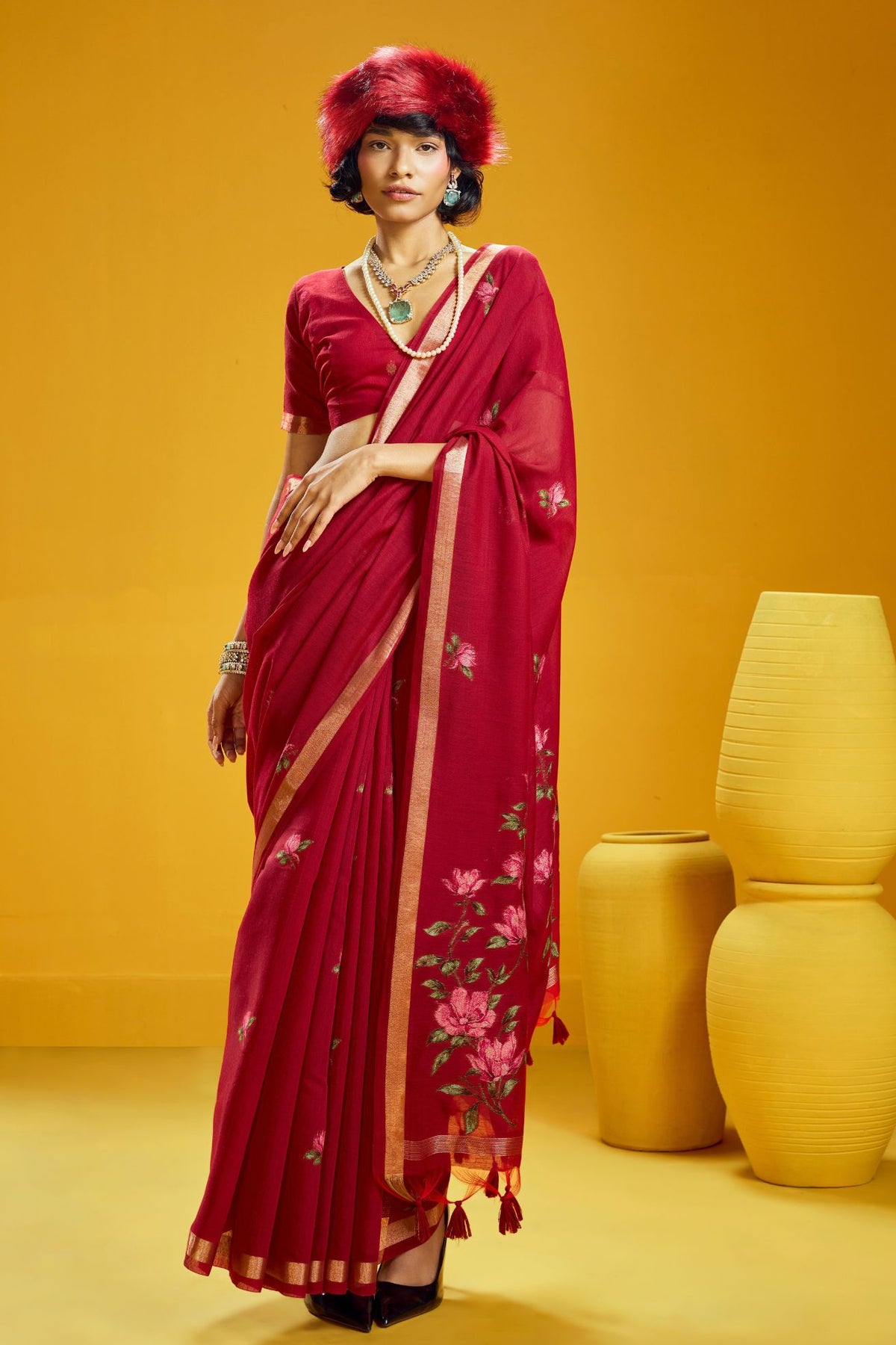 Buy MySilkLove Cherry Red Handloom Muga Cotton Saree Online