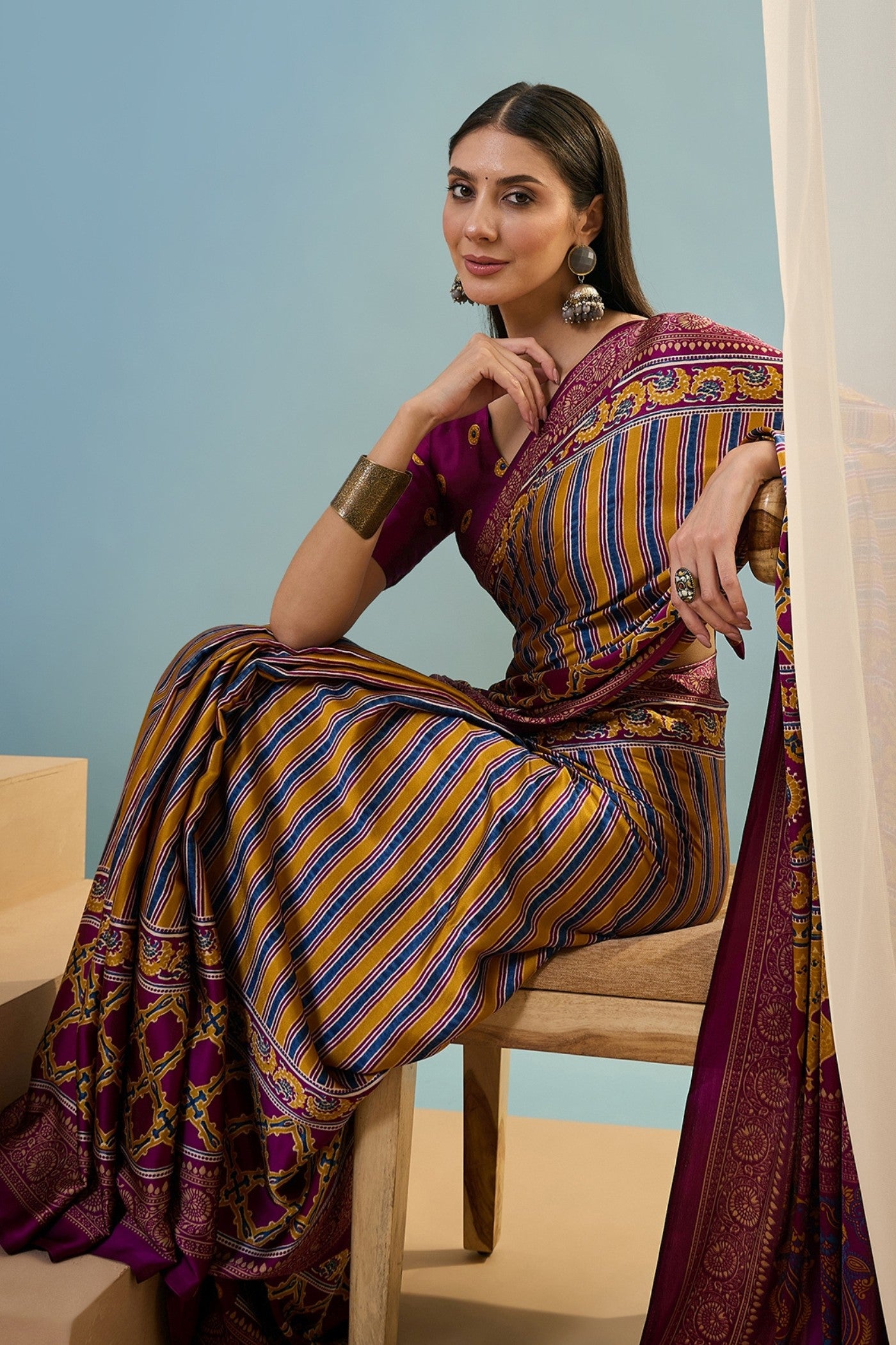 Buy MySilkLove Vesper Purple Ajrakh Printed Satin Crepe Silk Saree Online