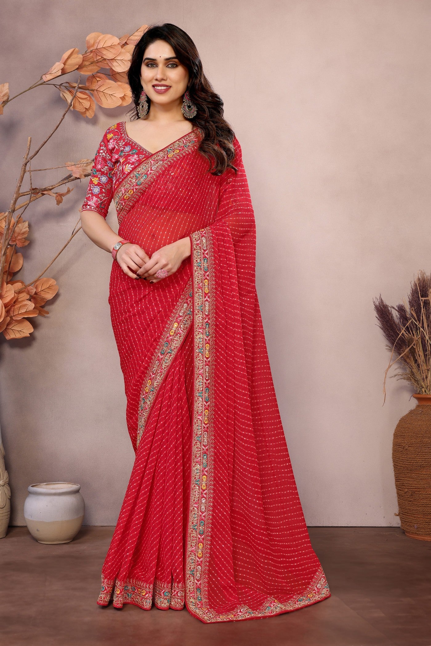 Buy MySilkLove Ruddy Red Georgette Designer Partywear Saree Online