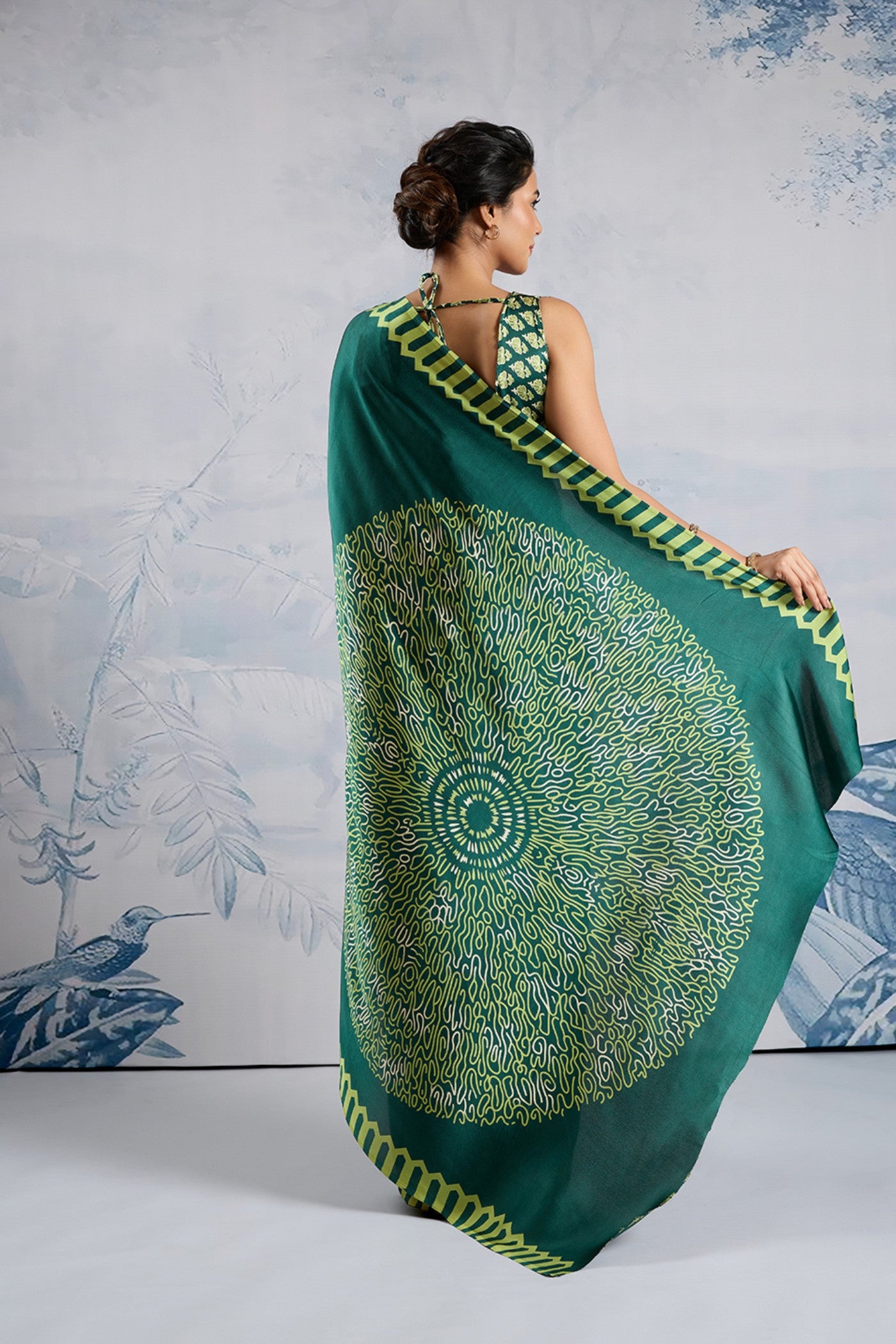 Buy MySilkLove Apple Pop Green Printed Satin Crepe Silk Saree Online