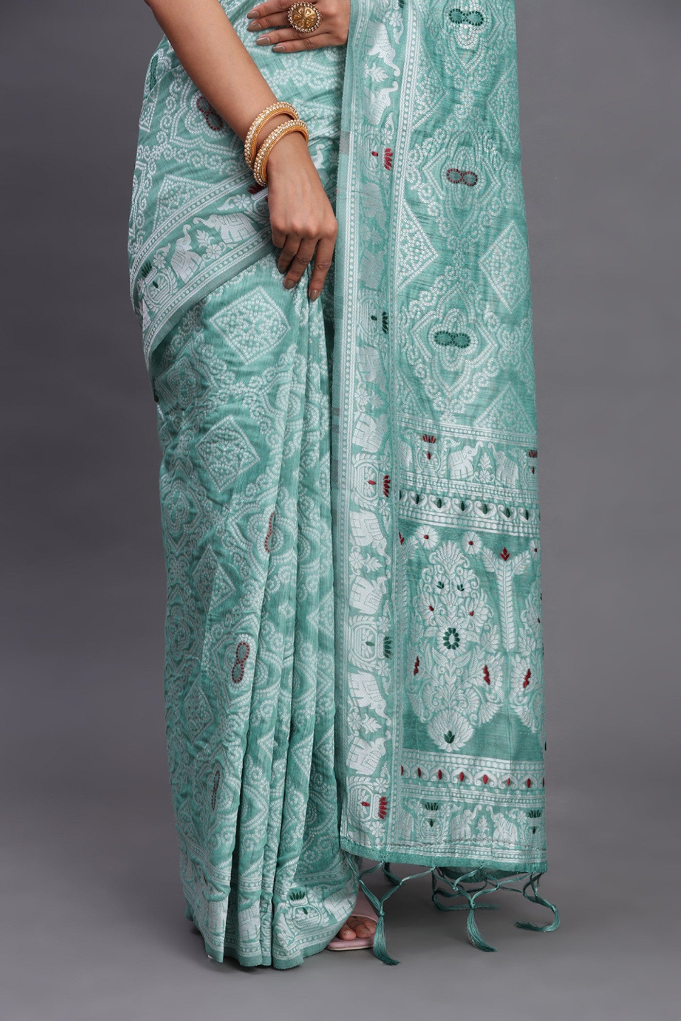 Buy MySilkLove Myrtle Green Linen Cotton Saree Online