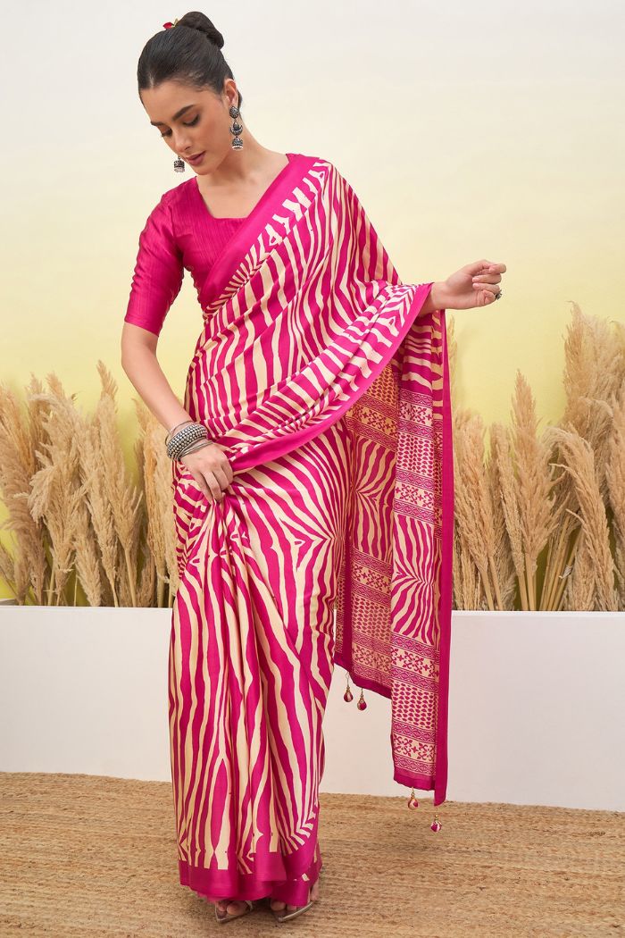 Buy MySilkLove Candy Pink Modal Ajrakh Satin Printed Silk Saree Online