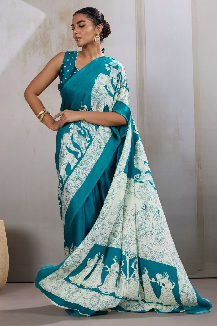 Buy MySilkLove Water Blue Modal Ajrakh Printed Satin Silk Saree Online