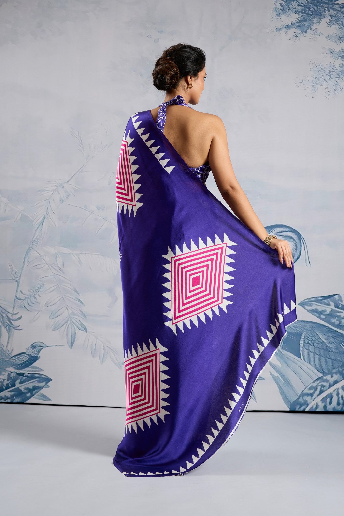 Buy MySilkLove Amatista Purple Stripe Ajrakh Printed Satin Crepe Silk Saree Online