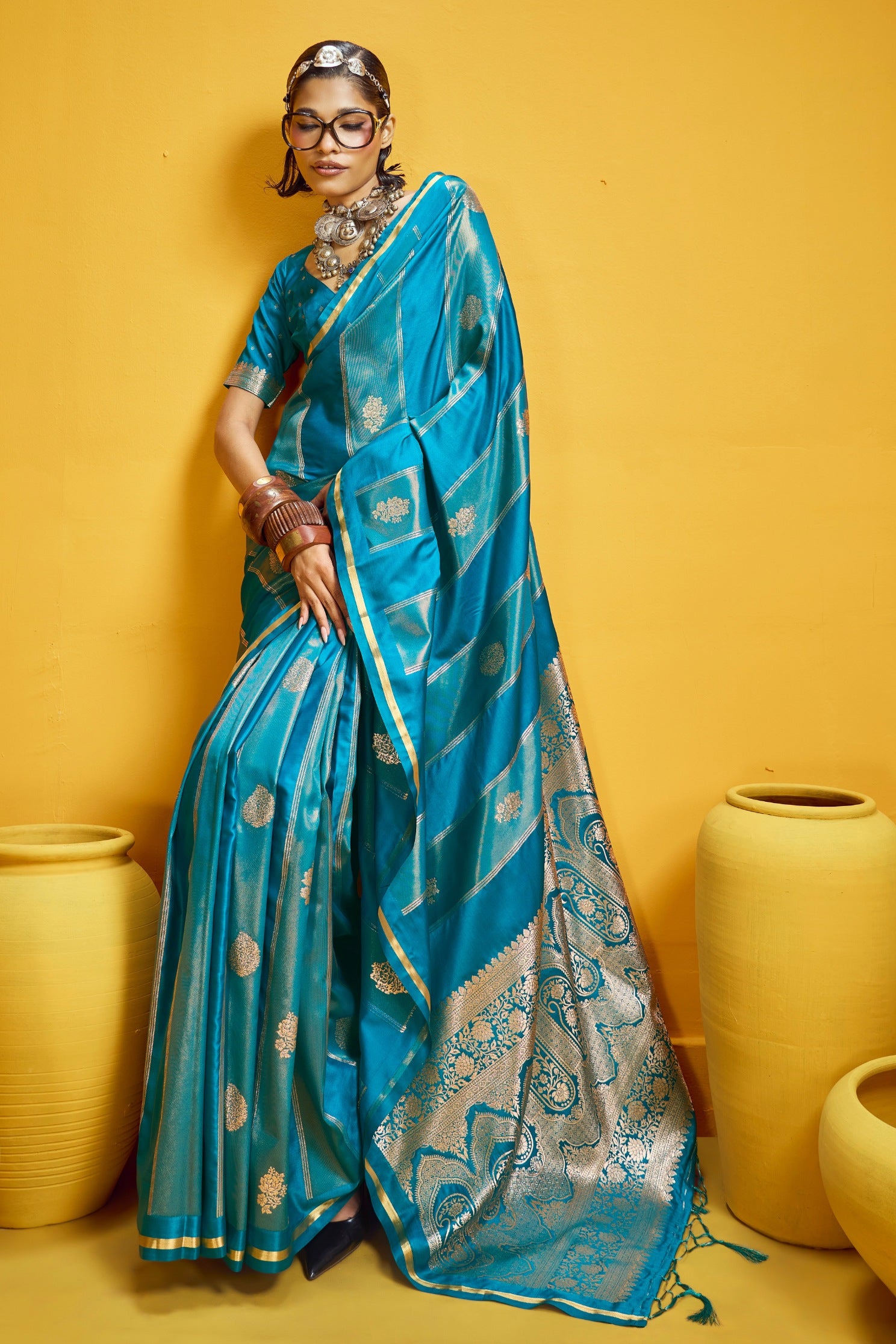 Buy MySilkLove Liberty Blue Banarasi Handloom Satin Silk Saree Online