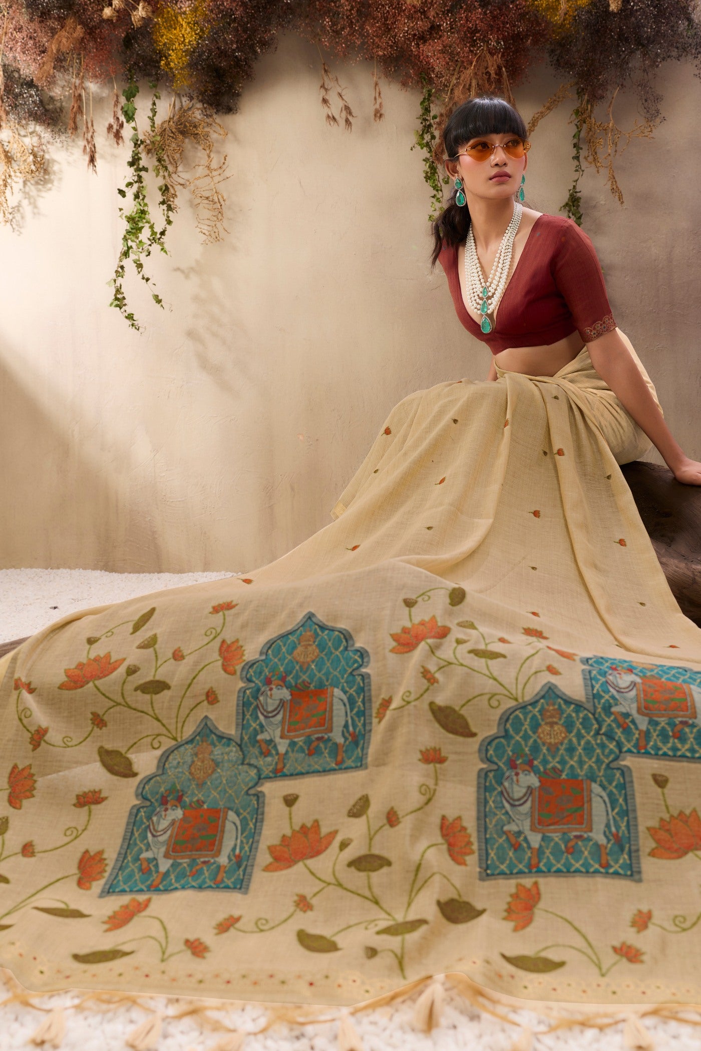 Buy MySilkLove Oyster Cream Handloom Cotton Saree Online