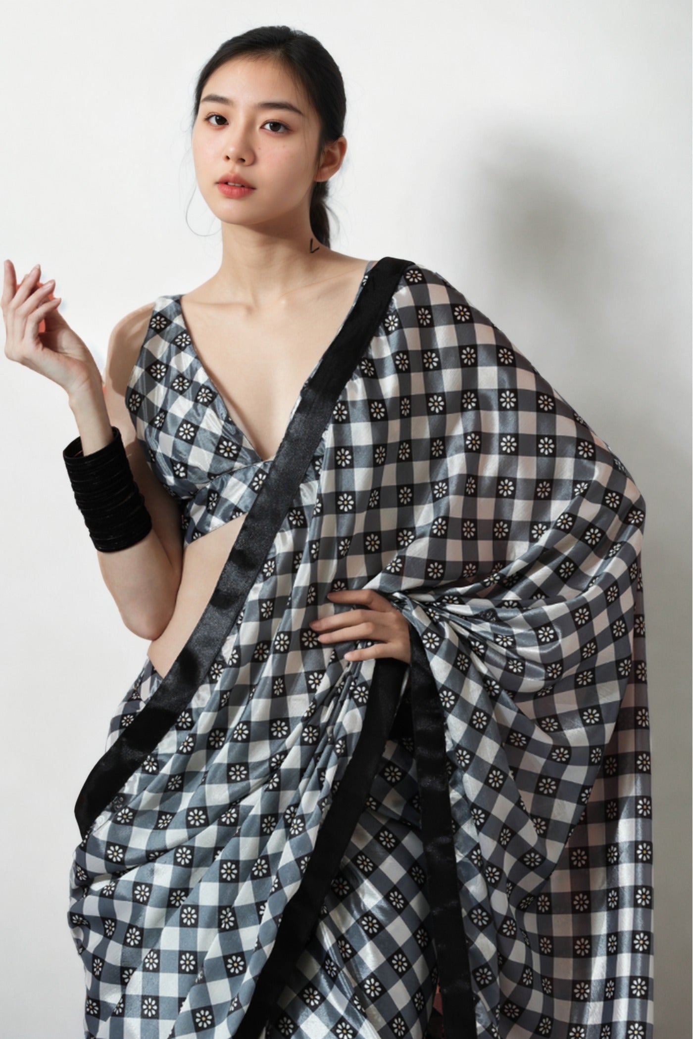 Buy MySilkLove Crow Black Chinon Digital Printed Ready To Wear Saree Online
