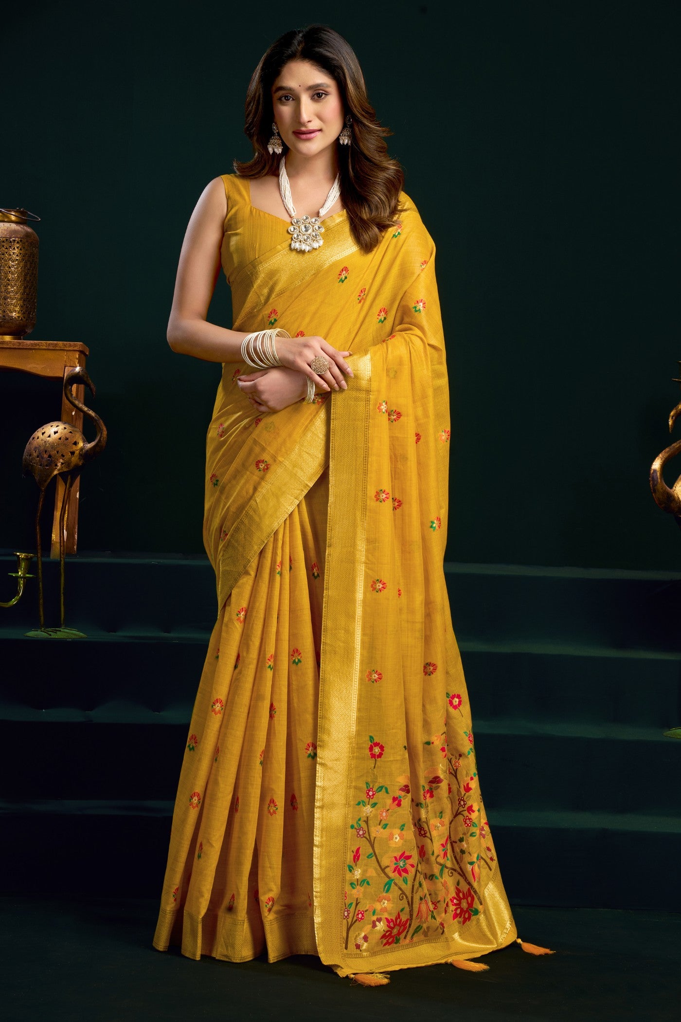 Buy MySilkLove Cyber Yellow Handloom Muga Cotton Saree Online