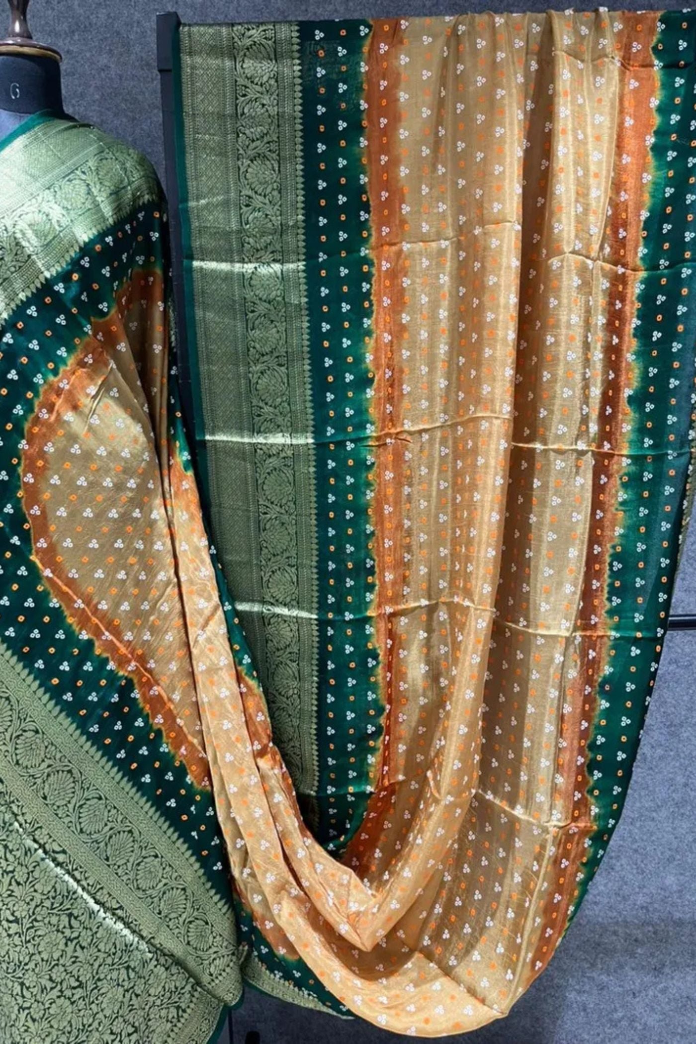 Buy MySilkLove Hunter Green and Orange Bandhani Zari Woven Silk Saree Online