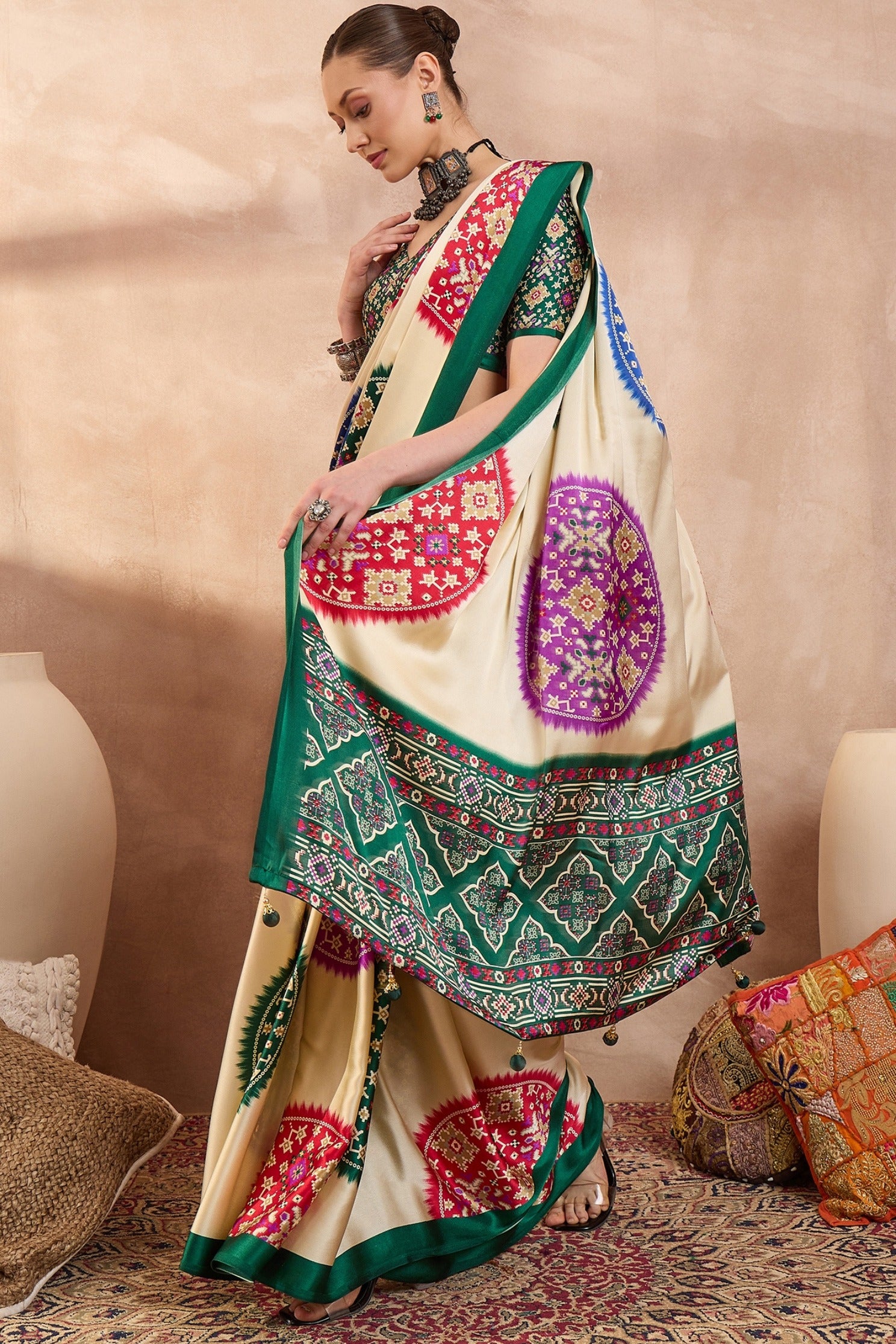 Buy MySilkLove Buttery Cream and Green Modal Ajrakh Printed Silk Saree Online