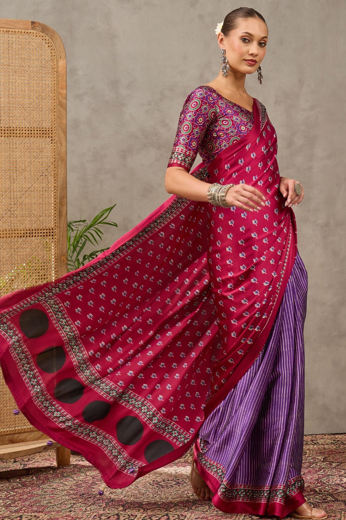 Buy MySilkLove Ruby Maroon and Purple Modal Satin Printed Silk Saree Online