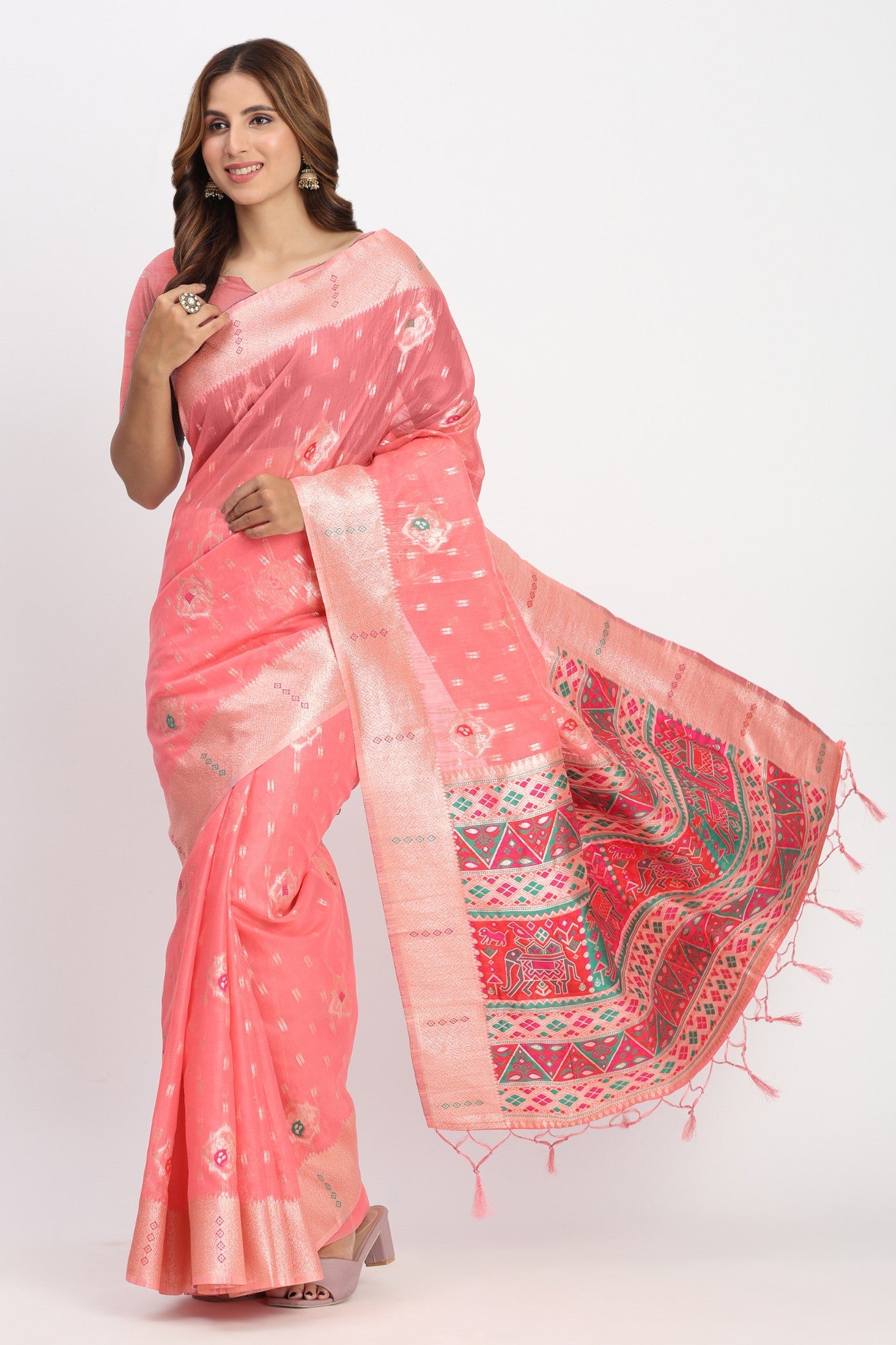 Buy MySilkLove Burn Peach Woven Linen Cotton Saree Online