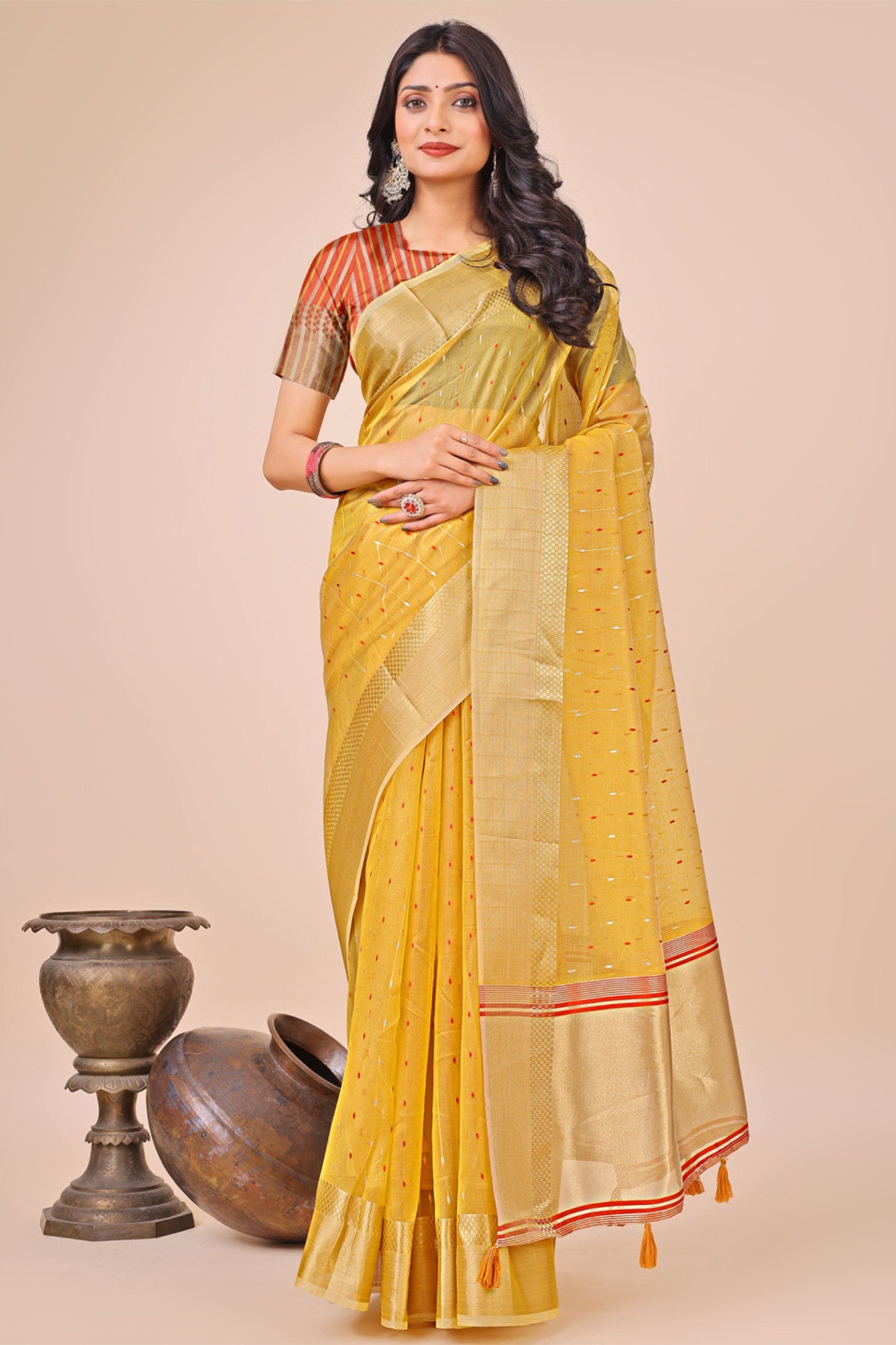 Buy MySilkLove Aureolin Yellow Woven Organza Saree Online