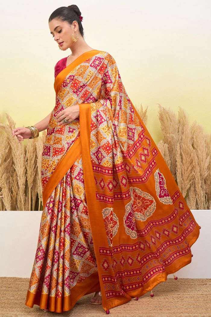 Buy MySilkLove Burnt Yellow Patola Printed Satin Crepe Silk Saree Online