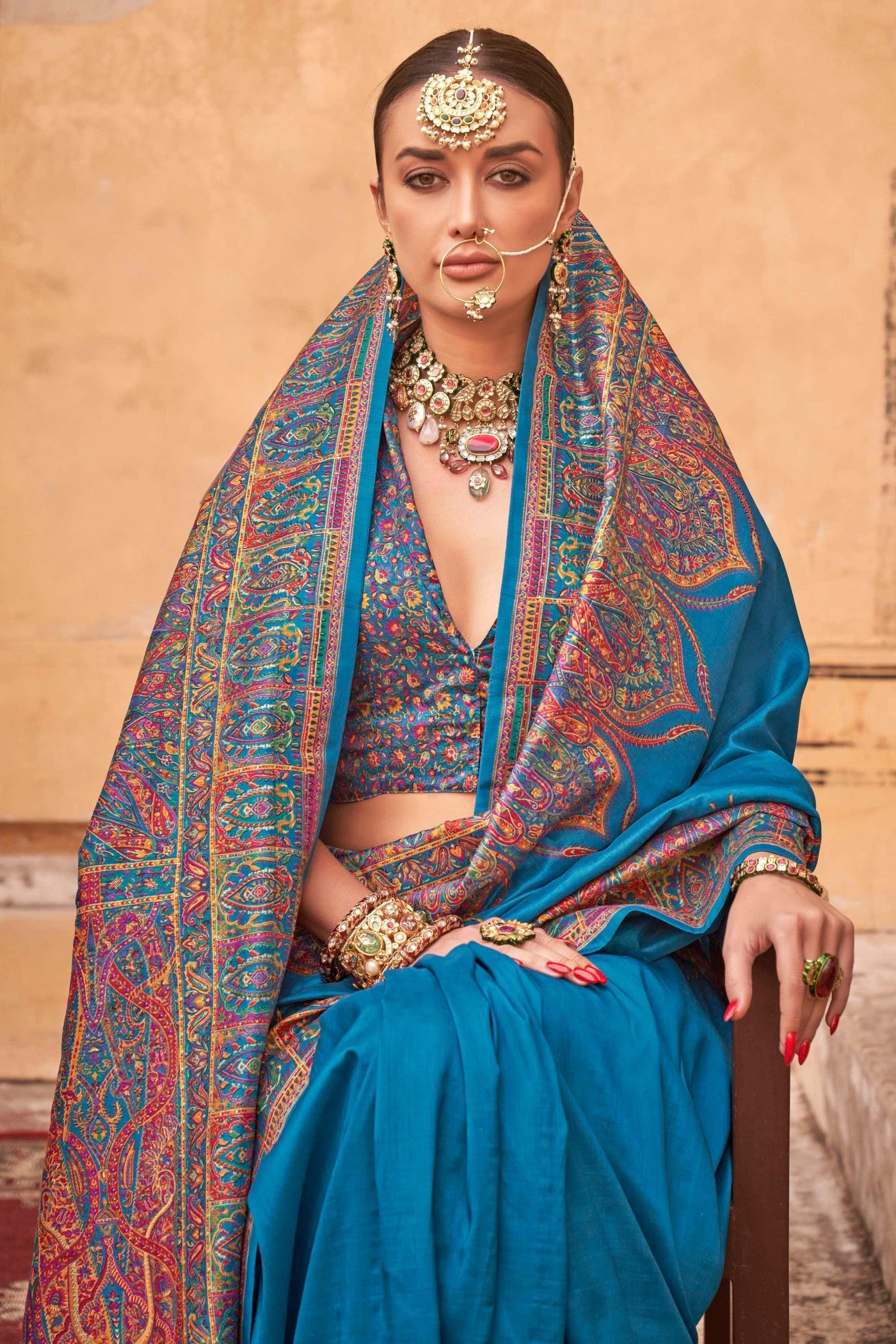 Buy MySilkLove Blue Chill Printed Jamawar Saree Online
