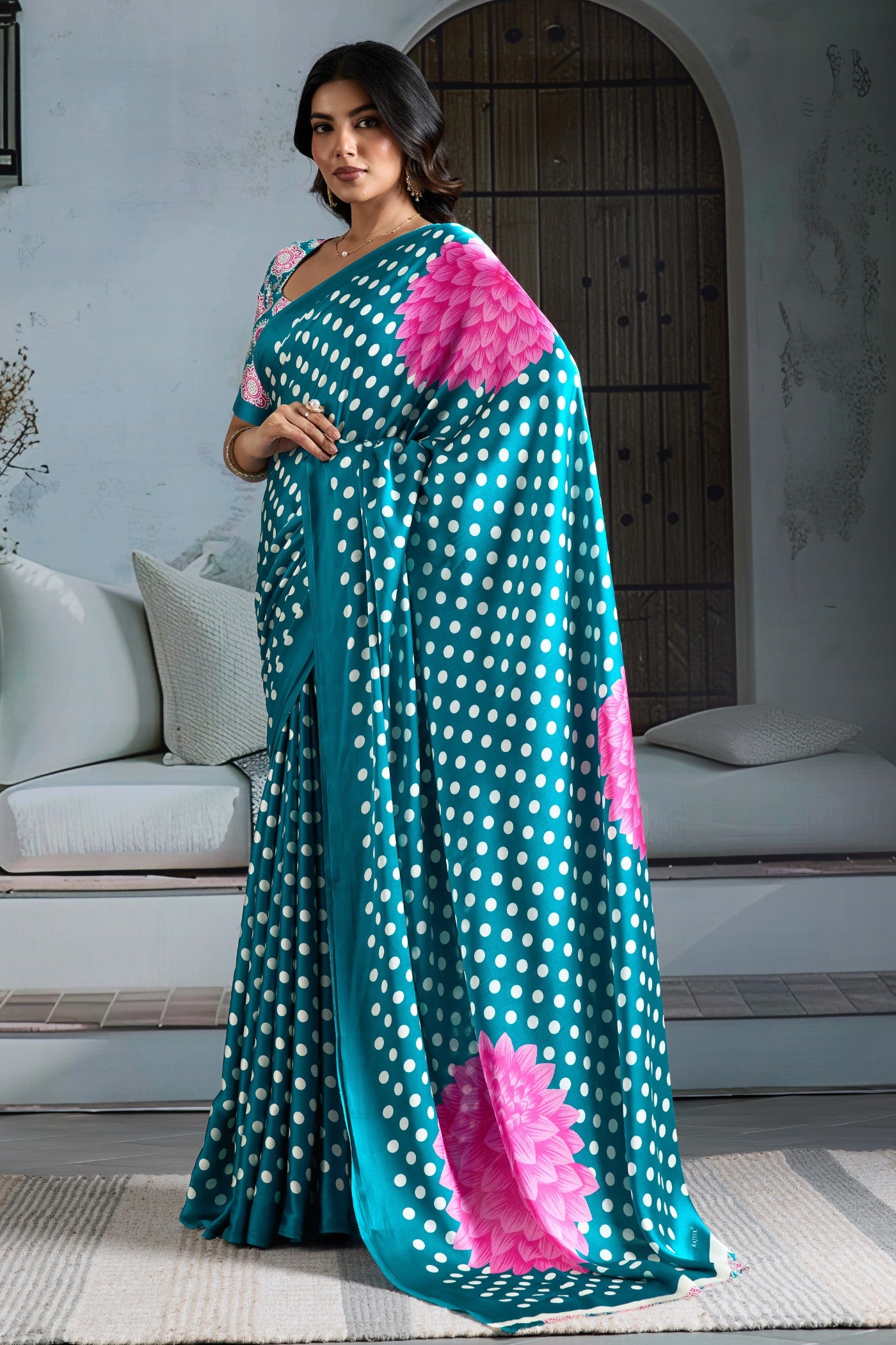 Buy MySilkLove Cornflower Blue Printed Polka Dots Satin Crepe Saree Online