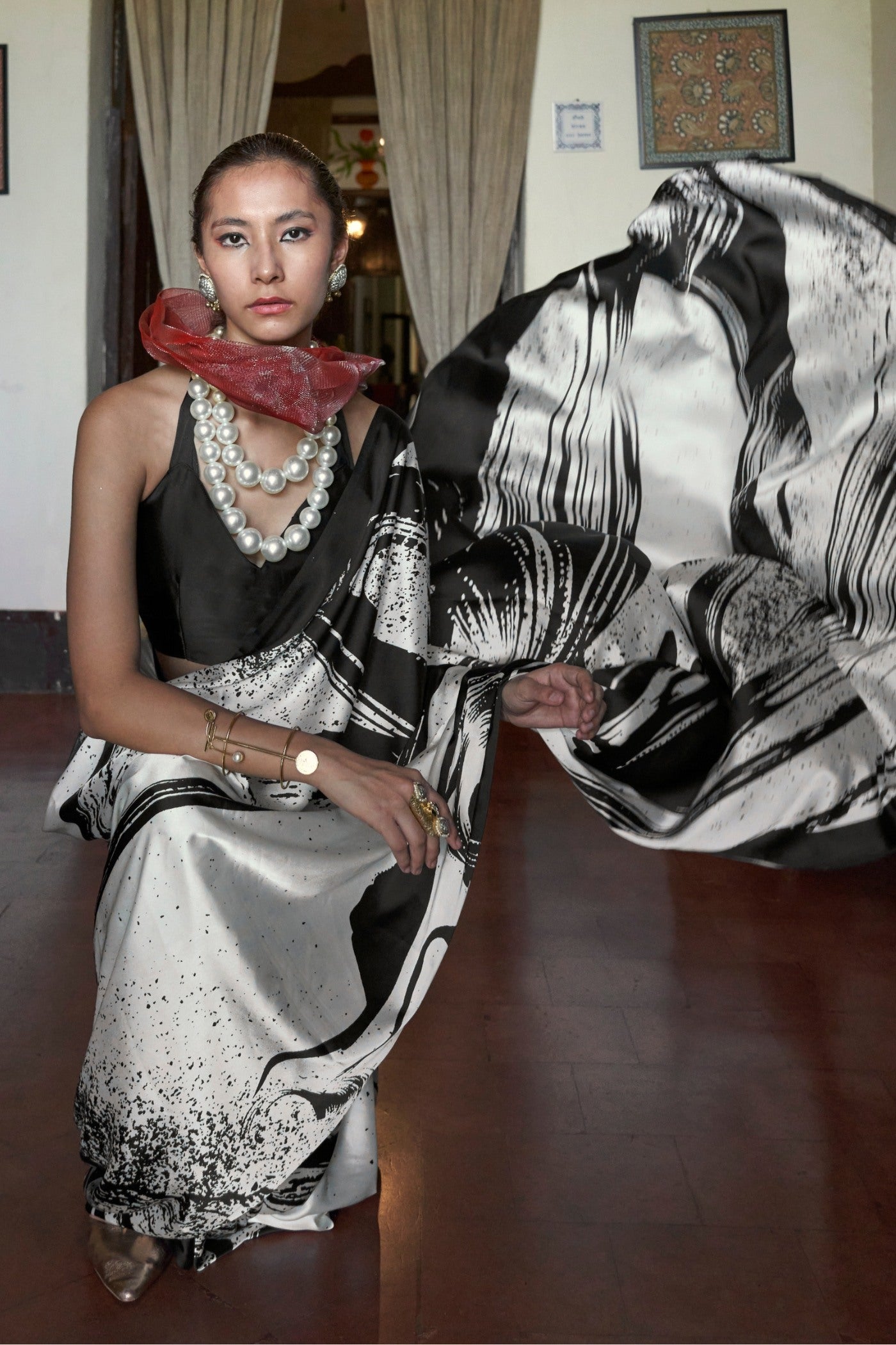 Buy MySilkLove Black Raisins and White Printed Satin Crepe Silk Saree Online