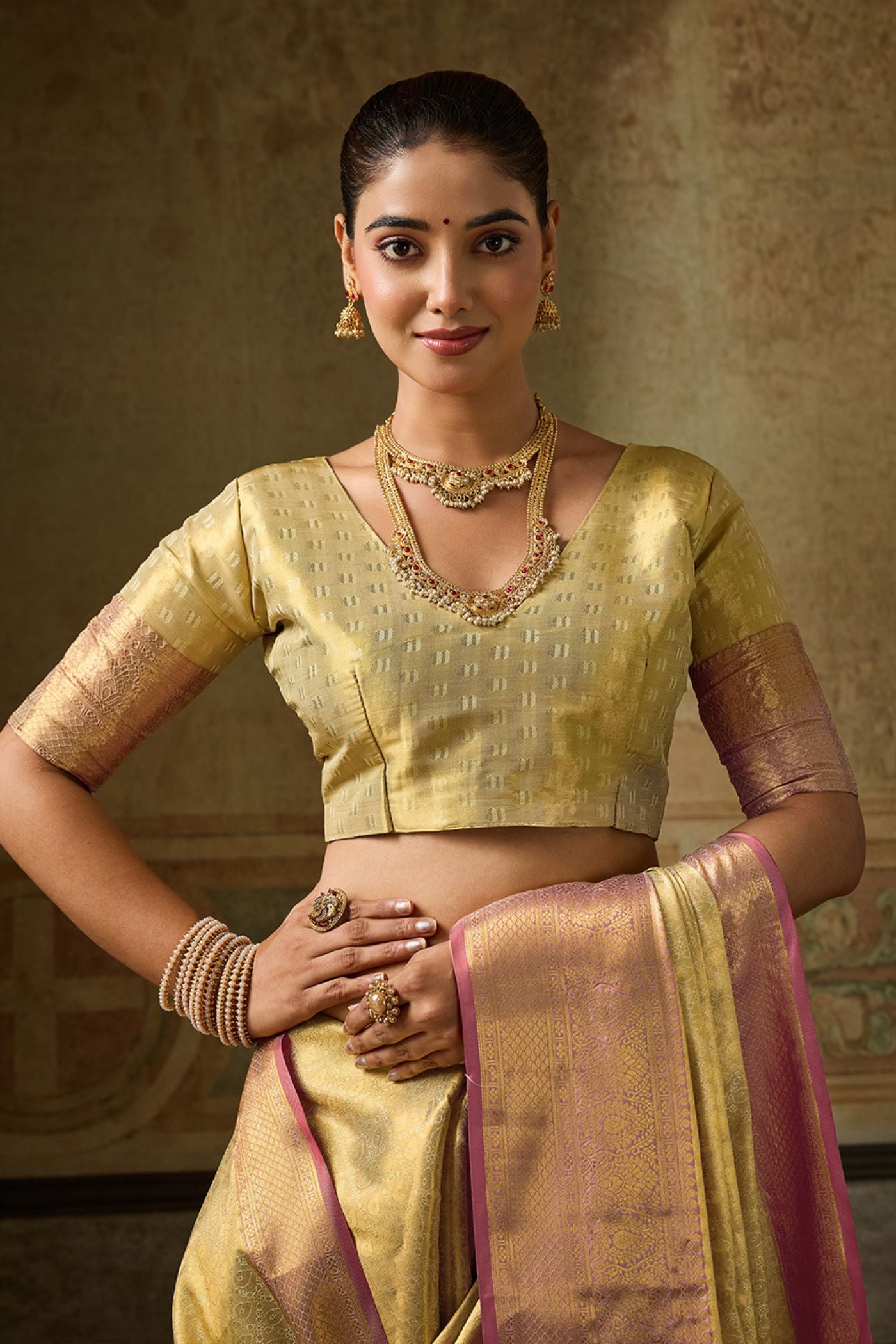 Buy MySilkLove Frosted Cream Woven Kanjivaram Saree Online
