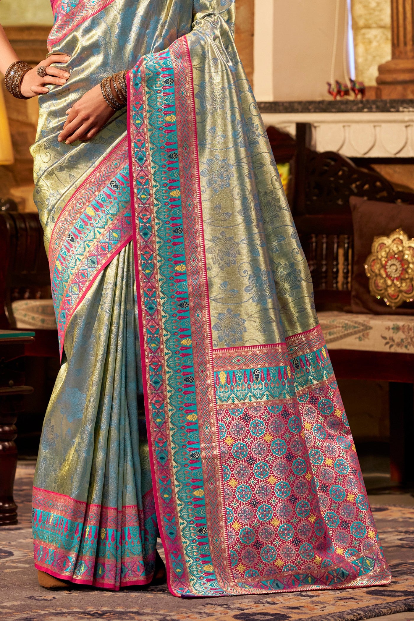 Buy MySilkLove Pear Green Zari Woven Tissue Silk Saree Online
