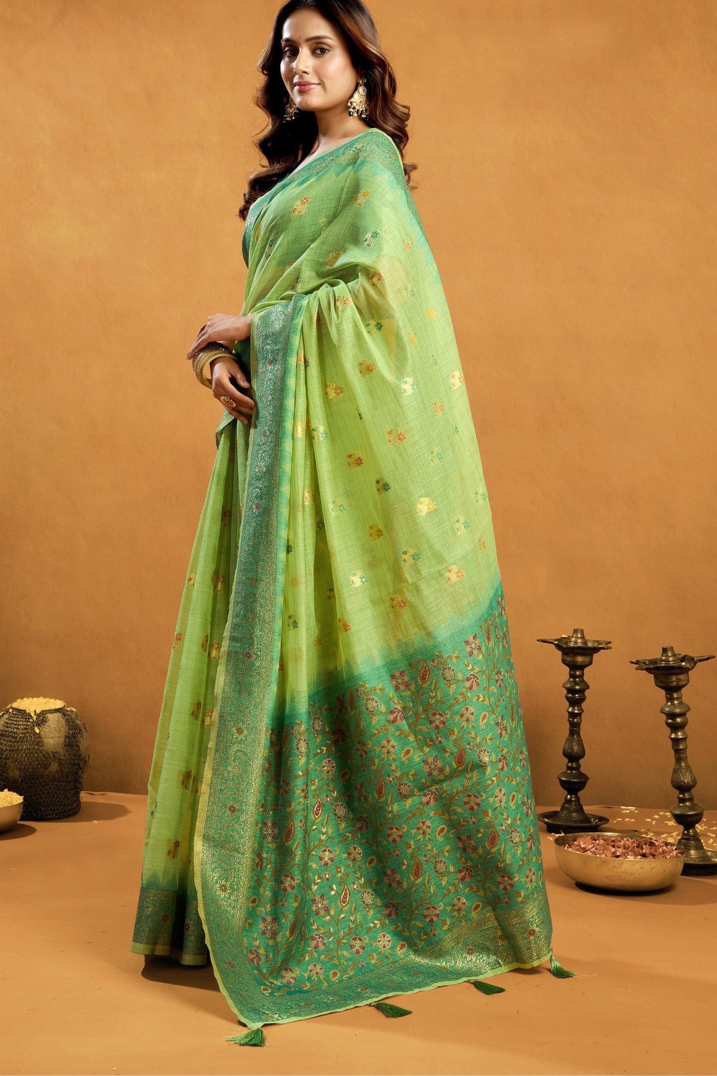 Buy MySilkLove Tealish Green Handloom Cotton Saree Online