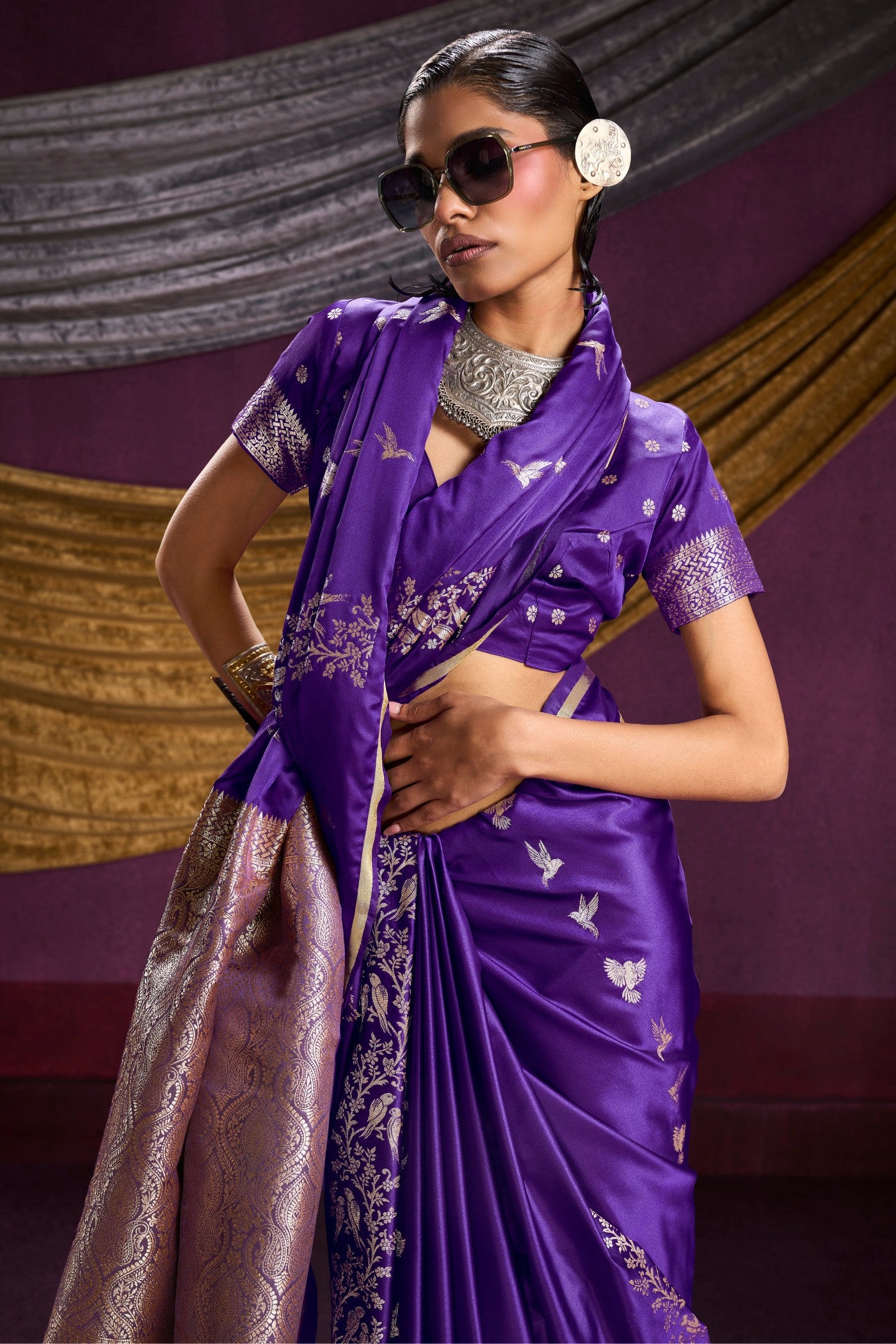 MySilkLove Raisin Purple Handloom Satin Silk Saree