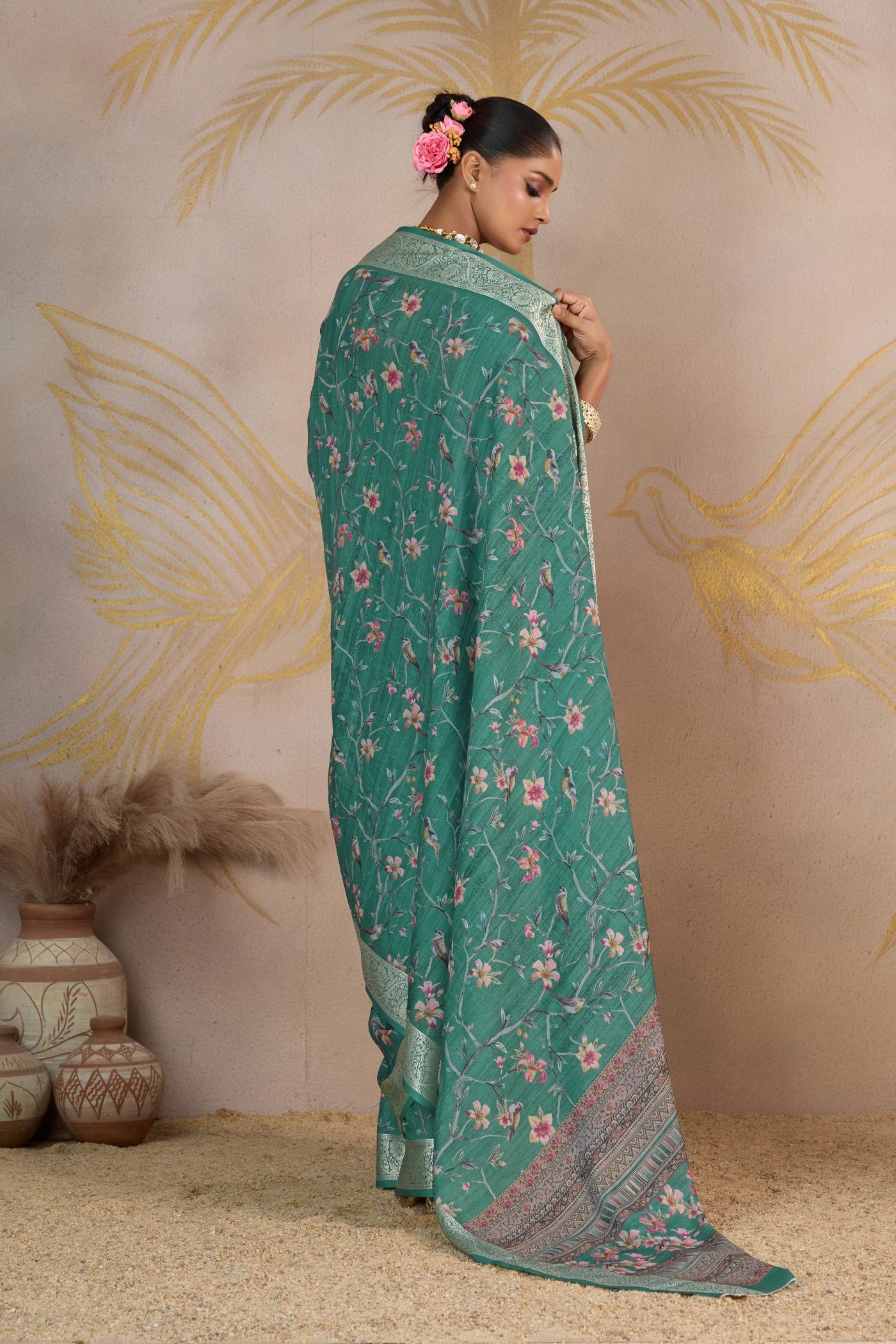 Buy MySilkLove Basil Mist Green Viscose Digital Printed Saree Online