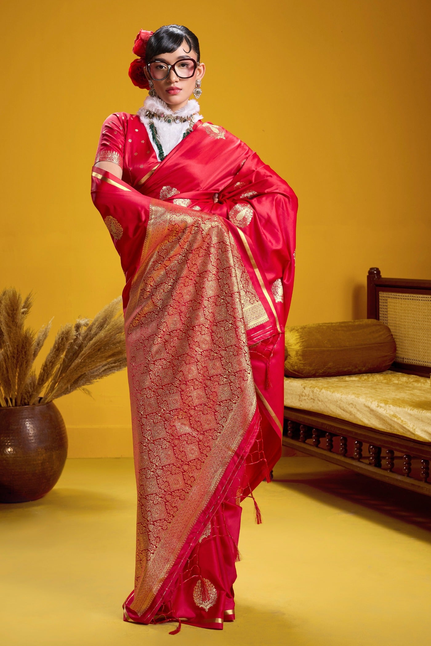 Buy MySilkLove Ruby Red Handloom Satin Silk Saree Online